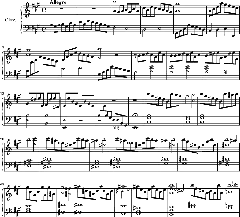 
\version "2.18.2"
\header {
  tagline = ##f
  % composer = "Domenico Scarlatti"
  % opus = "K. 368"
  % meter = "Allegro"
}
%% les petites notes
trillA       = { \tag #'print { a4\prall } \tag #'midi { b16 a b a } }
trillAr      = { \tag #'print { a1\prall } \tag #'midi { b16 a b a~ a2. } }
trillCisr    = { \tag #'print { cis1\prall } \tag #'midi { d16 cis d cis~ cis2. } }
trillGisb    = { \tag #'print { gis2\prall } \tag #'midi { a16 gis a gis~ gis4 } }
upper = \relative c'' {
  \clef treble 
  \key a \major
  \time 2/2
  \tempo 2 = 100
  \set Staff.midiInstrument = #"harpsichord"
  \override TupletBracket.bracket-visibility = ##f
      s8*0^\markup{Allegro}
      R1*2 | \trillA gis8 a b gis cis a | d b e d cis b a gis |
      % ms. 5
      \trillAr | a8 cis e a gis fis e d | \trillCisr | e,8 a cis e d cis b a |
      % ms. 9
      \trillGisb  r2 | r8 b8 cis d cis a e' cis | b b cis d cis e a, cis | b dis e gis, a dis e fis, |
      % ms. 13
      gis8 dis' e e, fis dis' e dis, | e e' b gis e b' gis e | \stemUp  \change Staff = "lower" b \stemDown \change Staff = "upper" e \stemUp  \change Staff = "lower" b \stemUp  \change Staff = "lower" gis  \stemNeutral  \change Staff = "upper"  r2 | r1 |
      % ms. 17
      b''8 gis eis d b b' a gis | gis2 < cis, a' > | b'8 gis eis d b b' ais b | b2 < e, cis' > |
      % ms. 21
      \repeat unfold 2 { cis'8 ais fisis dis fisis cis' b ais | ais2 < dis, b' > }
      % ms. 25
      b'8 gis dis b dis gis b dis, | << { b'2 ais } \\ { dis,1 } >> | gis8 cis, gis cis gis' gis, gis' ais, | < b gis' >2 < ais fisis' > | ais'8 dis, ais dis ais' dis, ais dis | 
      % ms. 30
      << { ais'1 } \\ { dis,2 e } >> | ais8 e cis e ais e cis e | << { e2 dis } \\ { < b fis' b >1 } >> | b'8 fis dis b dis b b' b, | << { b'2 c } \\ { c,1 } >>
}
lower = \relative c' {
  \clef bass
  \key a \major
  \time 2/2
  \set Staff.midiInstrument = #"harpsichord"
  \override TupletBracket.bracket-visibility = ##f
    % ************************************** \appoggiatura a16  \repeat unfold 2 {  } \times 2/3 { }   \omit TupletNumber 
      a4 gis8 a b gis cis a | d b e d cis b a gis | fis2 e | d e |
      % ms. 5
      a,8 cis e a gis fis e d | cis4 d e e, | a'8 \stemDown \change Staff = "upper"   cis e a gis fis e d | \stemNeutral \change Staff = "lower" cis2 d |
      % ms. 9
      e,8 gis b e d cis b a | gis2 < a e' >2 | < gis e' > < a e' > | < gis b e > < fis a > |
      % ms. 13
      < e b' >2 < b b' > | < e, e' > r2 | r2 e'8_\markup{mg} e b gis | e1\fermata  \bar "||"
      % ms. 17
      < cis' gis' b >1 | < cis fis a > | < cis gis' b > | < e ais cis >
      % ms. 21
      < dis ais' dis >1 | < dis gis b > | < dis ais' dis > | < gis dis' > |
      % ms. 25
      q1 | < fis ais dis >1 | < e gis cis > | < dis dis' > q | 
      % ms. 30
      < cis cis' >1 | < cis e ais > | < b fis' b > | < b' dis > | < a c >
}
thePianoStaff = \new PianoStaff <<
    \set PianoStaff.instrumentName = #"Clav."
    \new Staff = "upper" \upper
    \new Staff = "lower" \lower
  >>
\score {
  \keepWithTag #'print \thePianoStaff
  \layout {
      #(layout-set-staff-size 17)
    \context {
      \Score
     \override SpacingSpanner.common-shortest-duration = #(ly:make-moment 1/2)
      \remove "Metronome_mark_engraver"
    }
  }
}
\score {
  \keepWithTag #'midi \thePianoStaff
  \midi { }
}
