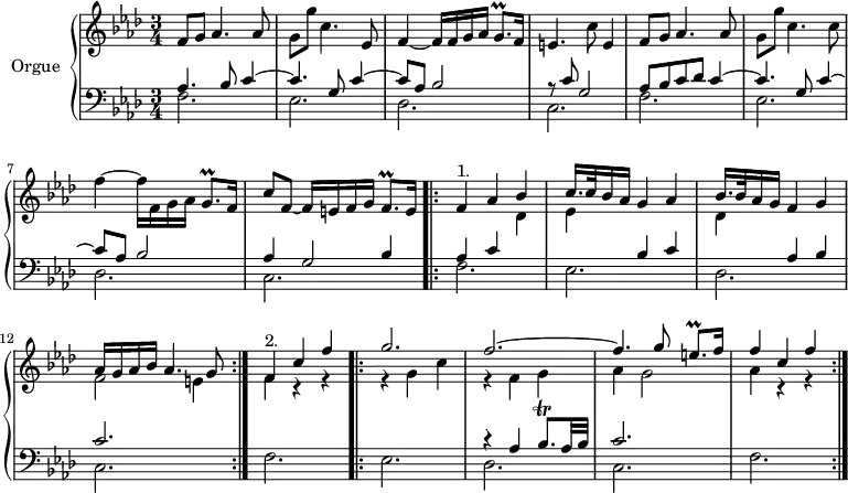 
\version "2.18.2"
\header {
  tagline = ##f
  % composer = "Johann Pachelbel"
  % opus = "Chaconne en fa mineur"
  % meter = ""
}
%% les petites notes
trillGq      = { \tag #'print { g8.\prall } \tag #'midi { aes32 g aes g aes g } }
trillEqp     = { \tag #'print { e8.\prall } \tag #'midi { f32 e f e f e } }
trillBesqp   = { \tag #'print { bes8.\trill } \tag #'midi { c32 bes c bes c bes } }
upper = \relative c'' {
  \clef treble 
  \key f \minor
  \time 3/4
  \tempo 4 = 72
      %s8*0^\markup{Allegro}
      f,8 g aes4. aes8 | g g' c,4. ees,8 | f4~ f16 f g aes \trillGq f16 | e4. c'8 e,4 |
      % ms. 5
      f8 g aes4. aes8 | g g' c,4. c8 | f4~ f16 f, g aes \trillGq f16 | c'8 f,~ f16 e f g f8.\prall e16 |
      % ms. 9
      s8*0^\markup{1.}
      << { f4 aes bes | c16. c32 bes16 aes g4 aes | bes16. bes32 aes16 g f4 g | aes16 g aes bes aes4. g8 } 
      \\ { s2 des4 | ees s2 | des4 s2 | f2 e4 } >> 
      % ms. 13
      s8*0^\markup{2.}
      << { f4 c' f |\bar ".|:" g2. | f~  | f4. g8 \trillEqp f16 f4 c f } 
      \\ { f,4 r4 r4 | r4 g4 c | r4 f,4 g | aes g2 | aes4 r4 r4 } >>
}
lower = \relative c' {
  \clef bass
  \key f \minor
  \time 3/4
    % ************************************** \appoggiatura a16  \repeat unfold 2 {  } \times 2/3 { }   \omit TupletNumber 
      << { aes4. bes8 c4~ | c4. g8 c4~ | c8 aes bes2 | r8 c8 g2  } 
      \\ { f2. ees des c } >>
      % ms. 5
      << { aes'8 bes c des c4~ | c4. g8 c4~ | c8 aes bes2 | aes4 g2 } 
      \\ { f2. ees des c } 
      \\ { s2.*3 s2 bes'4 } >> 
      % ms. 9
      \repeat volta 2 { << { aes4 c s2 bes4 c | s4 aes4 bes | c2. } 
      \\ { f,2. ees des c } >>  }%repet 
      % ms. 13
      << { s2.*2 | r4 aes'4 \trillBesqp aes32 bes c2. } 
      \\ { f,2. ees des c f } >> \bar ":|."
}
thePianoStaff = \new PianoStaff <<
    \set PianoStaff.instrumentName = #"Orgue"
    \new Staff = "upper" \upper
    \new Staff = "lower" \lower
  >>
\score {
  \keepWithTag #'print \thePianoStaff
  \layout {
      #(layout-set-staff-size 17)
    \context {
      \Score
     \override TupletBracket.bracket-visibility = ##f
     \override SpacingSpanner.common-shortest-duration = #(ly:make-moment 1/2)
      \remove "Metronome_mark_engraver"
    }
  }
}
\score {
  \keepWithTag #'midi \thePianoStaff
  \midi { \set Staff.midiInstrument = #"church organ" }
}
