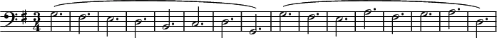 
\version "2.14.2"
\header {
  tagline = ##f
}
\score {
  \new Staff \with {
  }
<<
  \relative c' {
    \key g \major
    \clef bass
    \time 3/4
    \tempo 4 = 120
    \override TupletBracket #'bracket-visibility = ##f 
    \autoBeamOff
    \set Staff.midiInstrument = #"harpsichord"
     %%%%%%%%%%%%%%%%%%%%%%%%%% Ruggiero Goldberg
     g2.( fis e d b c d g,)
     g'( fis e a fis g a d,)
  }
>>
  \layout {
    \context { \Score \remove "Metronome_mark_engraver" }
    \context {
      \remove "Metronome_mark_engraver"
    }
  }
  \midi {}
}
