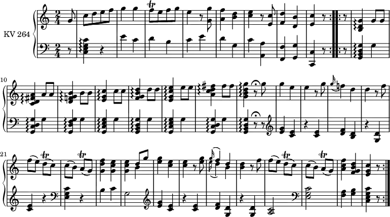 
\version "2.18.2"
\header {
  tagline = ##f
}
upper = \relative c'' { 
        \version "2.18.2"
         \clef "treble"          
         \key c \major
         \time 2/4 
         \tempo 4 = 120                 
         \set Staff.midiInstrument = #"piano"
  \repeat volta 2 {
   \partial 8 g8 c [d e f ]
   g4 g
   f8\trill [e f g]
   e4 r8 <g, g'>8
   <a f'>4 < b d>
   <c e> r8 <e, c'>8
   <f d'>4 <d b'> <e c'> r8
          }
  \repeat volta 2 { 
    r8
    <b d g>4 \arpeggio  g'8 g
    <c, d fis a>4 \arpeggio  a'8 a
    <d, f! g b>4 \arpeggio  b'8 b
    <e, g c>4 \arpeggio  c'8 c 
    <f, g b d>4 \arpeggio  d'8 d
    <e, g c e>4 \arpeggio  e'8 e
    <a, c d fis>4 \arpeggio  fis'8 fis
    <g, b d g>4 \arpeggio r8\fermata g'
    g4 e
    e r8 g
   \grace g16  (f!4) d
    d r8 f
    f (e) d\trill (c)
    c (b) a\trill (g)
   <g  d' f>4 <g c e>
   <g c e> <<{d'8 g} \\ {b,4}>>
   <e g>4 <c e>
   <c e> r8 <e g>8
   <<{\grace g16 (f4) d} \\ {\grace  e16 ( d4) b}>>
   <b d> r8 f'
   f (e) d\trill  (c)
   c (b) a\trill  (g)
   <a c f>4  <f g b d>
   <e g c> r8
       }
}
lower = \relative c {
        \clef "bass" 
        \key c \major
        \time 2/4 
        \set Staff.midiInstrument = #"piano"
  \repeat volta 2 { 
     r8
     <c e g c>4 \arpeggio r4
   e' c d b c e d g, c <a, a'> <f f'> <g g'> <c, c'> r8
  } 
  \repeat volta 2 {
     r8 
     <g' b d g>4 \arpeggio g'
     <g, c d g> \arpeggio g'
     <g, d' f g>4 \arpeggio g'
     <g, c e g>4 \arpeggio g'
     <g, b d g>4 \arpeggio g'
     <g, c e g>4 \arpeggio g'
     <g, c d g>4 \arpeggio g'
     <g, b d g>4 \arpeggio r8\fermata r8 \clef "treble"
     <e'' g>4 <c e>
     r <c e>
     <d f> <b d>
     r <g d'>
     <c e> r \clef "bass"
     <e, g c> r
     b' c
     g2 \clef "treble"
     <e' g>4 <c e>
     r <c e>
     <d f> <g, d'>
     r <g d'>
     <a c >2 \clef "bass"
     <e g c>2
     <f a>4 <g b>
     <c, e g c> r8
  }   
}
\score {
  \new PianoStaff <<
    \set PianoStaff.instrumentName = #"KV 264"
    \new Staff = "upper" \upper
    \new Staff = "lower" \lower
  >>
  \layout {
    \context {
      \Score
      \remove "Metronome_mark_engraver"
    }
  }
  \midi { }
}
