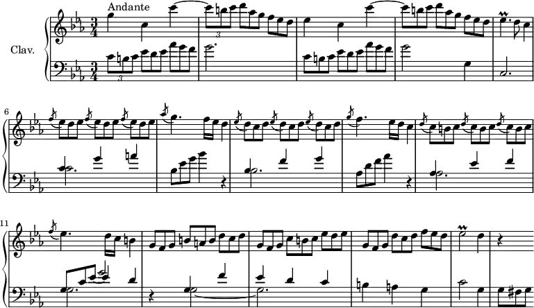 
\version "2.18.2"
\header {
  tagline = ##f
  % composer = "Domenico Scarlatti"
  % opus = "K. 302"
  % meter = "Andante"
}
%% les petites notes
trillEesp     = { \tag #'print { ees4.\prall } \tag #'midi { f32 ees f ees~ ees4 } }
trillEesb     = { \tag #'print { ees2\prall } \tag #'midi { f32 ees f ees~ ees8~ ees4 } }
upper = \relative c'' {
  \clef treble 
  \key c \minor
  \time 3/4
  \tempo 4 = 90
  \set Staff.midiInstrument = #"harpsichord"
  \override TupletBracket.bracket-visibility = ##f
      s8*0^\markup{Andante}
      g'4 c,  c'4~ | \times 2/3 { c8 b c } \omit TupletNumber \times 2/3 { d8[ aes g] } \times 2/3 { f8 ees d } | ees4 c c'4~ |
      % ms. 4
      \times 2/3 { c8 b c } \times 2/3 { d8[ aes g] } \times 2/3 { f8 ees d] } | \trillEesp d8 c4 | \repeat unfold 3 { \acciaccatura f8 \times 2/3 { ees8[ d es] } } \acciaccatura aes8 g4. f16 ees  d4 |
      % ms. 8
      \repeat unfold 3 { \acciaccatura ees8 \times 2/3 { d8[ c d] } } \acciaccatura g8 f4. ees16 d c4 | \repeat unfold 3 { \acciaccatura d8 \times 2/3 { c8[ b c] } } |
      % ms. 11
      \acciaccatura f8 ees4. d16 c b4 | \times 2/3 { g8 f g } \times 2/3 { b8[ a b] } \times 2/3 { d8 c d } |  \times 2/3 { g,8 f g } \times 2/3 { c8[ b c] } \times 2/3 { ees8 d ees } |
      % ms. 14
      \times 2/3 { g,8 f g } \times 2/3 { d'8[ c d] } \times 2/3 { f8 ees d } | \trillEesb d4 | r4
}
lower = \relative c' {
  \clef bass
  \key c \minor
  \time 3/4
  \set Staff.midiInstrument = #"harpsichord"
  \override TupletBracket.bracket-visibility = ##f
    % ************************************** \appoggiatura a16  \repeat unfold 2 {  } \times 2/3 { }   \omit TupletNumber 
      \times 2/3 { c8 b c } \omit TupletNumber \times 2/3 { ees8[ d ees] } \times 2/3 { aes8 g f } | g2. | \times 2/3 { c,8 b c } \omit TupletNumber \times 2/3 { ees8[ d ees] } \times 2/3 { aes8 g f } |
      % ms. 4
      g2 g,4 | c,2. | << { c'4 g' a } \\ { c,2. } >> \times 2/3 { bes8 ees g } bes4 r4 | 
      % ms. 8
      << { bes,4 f' g } \\ { bes,2. } >> \times 2/3 { aes8 d f } aes4 r4 | << { aes,4 ees' f } \\ { aes,2. } >>
      % ms. 11
      << { \omit TupletNumber \times 2/3 { g8 c ees_~ } \shiftOn ees4 d } \\ { s4 \stemUp g2 } \\ { \stemDown g,2. } >> r4 | << { g4 f' | ees d c } \\ { g2~ g2. } >>
      % ms. 14
      b4 a g | c2 g4 | \times 2/3 { g8 fis g }
}
thePianoStaff = \new PianoStaff <<
    \set PianoStaff.instrumentName = #"Clav."
    \new Staff = "upper" \upper
    \new Staff = "lower" \lower
  >>
\score {
  \keepWithTag #'print \thePianoStaff
  \layout {
      #(layout-set-staff-size 17)
    \context {
      \Score
     \override SpacingSpanner.common-shortest-duration = #(ly:make-moment 1/2)
      \remove "Metronome_mark_engraver"
    }
  }
}
\score {
  \keepWithTag #'midi \thePianoStaff
  \midi { }
}
