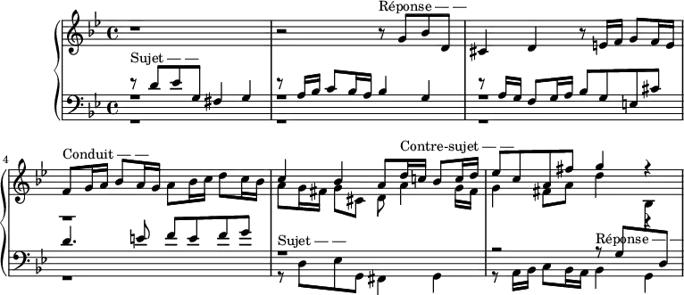 
\version "2.14.2"
\header {
  tagline = ##f
}
upper = \relative c'' {
  \clef treble 
  \key g \minor
  \time 4/4
  \tempo 4 = 62
  %\autoBeamOff
    r1 |
    r2 r8^\markup{Réponse — —} g8 bes d, |
    cis4 d r8 e!16 f g8 f16 e |
    f8^\markup{Conduit — —} g16 a bes8 a16 g a8 bes16 c d8 c16 bes |
    << { c4 bes a8 d16^\markup{Contre-sujet — —} c! bes8 c16 d } \\ { a8 g16 fis g8 cis,8 d a'4 g16 fis } >>
    << { ees'8 c a fis' g4 r4 } \\ { g,4 fis8 a d4 r4 } >>
}
lower = \relative c {
  \clef bass
  \key g \minor
  \time 4/4
    << { r8^\markup{Sujet — —} d'8 ees g, fis4 g } \\ { r1 } \\ { r1 } >> 
    << { r8 a16 bes c8 bes16 a bes4 g } \\ { r1 } \\ { r1 } >> 
    << { r8 a16 g f8 g16 a bes8 g e! cis' } \\ { r1 } \\ { r1 } >> 
    << { d4. e!8 f e f g } \\ { r1 } \\ { r1 } >> 
    << { r1 } \\ { r8^\markup{Sujet — —} d,8 ees g, fis4 g } >>
    << { r2 r8^\markup{Réponse — —} g'8 \change Staff = "upper" \stemDown bes \change Staff = "lower" \stemUp d, } \\ { r8 a16 bes c8 bes16 a  bes4 g  } >>
}
\score {
  \new PianoStaff <<
    % \set PianoStaff.instrumentName = #"BWV 861"
    \new Staff = "upper" \upper
    \new Staff = "lower" \lower
  >>
  \layout {
    \context {
      \Score
      \remove "Metronome_mark_engraver"
    }
  }
  \midi { }
}
