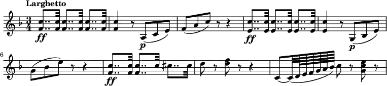 
\new Staff \with {
  midiInstrument = "violin"
}
\relative c'' {
    \version "2.18.2"
    \key f \major
    \time 3/4
    \tempo "Larghetto"
    \tempo 8 = 72
     <f, c'>8.. \ff <f c'>32 <f c'>8.. <f c'>32 <f c'>8.. <f c'>32
     <f c'>4  r8 a,8 \p (c8 e8)
     f8 (a8 c8) r8 r4
     <e, c'>8.. \ff <e c'>32 <e c'>8.. <e c'>32 <e c'>8.. <e c'>32
     <e c'>4  r8 g,8 \p (bes8 e8)
     g8 (bes8 e8) r8 r4
     <f, c'>8.. \ff <f c'>32 <f c'>8.. c'32 cis8.. cis32
     d8 r8 <d f>8 r8 r4
     c,8~ c32 (d64 e64 f64 g64 a64 bes64) c8 r8 <g c e>8 r8
}
