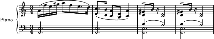 
\version "2.14.2"
\header {
  tagline = ##f
}
 quinte = { < e a, >2. }
 ninner = { < d gis >8^> b'16 r16 < c, e >2 }
upper = \relative c'' {
  \clef treble
  \key a \minor
  \time 3/4
  \tempo 4 = 55
  %\autoBeamOff
    %%%% mesures 49 sqq (= 27 sqq) Ajouter la voix et les deux autres répétitions
    a16( f' e gis a8[ f e8. d16]) | < e, c' >8.( < d b' >16 < c a' >8 < b e > < c a' >4) |
    \ninner \ninner
}
lower = \relative c {
  \clef bass
  \key a \minor
  \time 3/4
   \quinte \quinte << { b'4( a2) } \\ { \quinte } >>
   << { b'4( a2) } \\ { \quinte } >>
}
\score {
  \new PianoStaff <<
    \set PianoStaff.instrumentName = #"Piano"
    \new Staff = "upper" \upper
    \new Staff = "lower" \lower
  >>
  \layout {
    \context {
      \Score
      \remove "Metronome_mark_engraver"
    }
  }
  \midi { }
}
