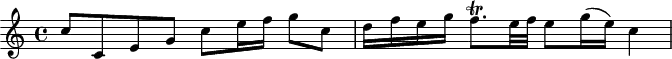 
\header {
  tagline = ##f
}
\score {
  \new Staff \with {
  }
<<
  \relative c'' {
    \key c \major
    \time 4/4
    \override TupletBracket #'bracket-visibility = ##f 
    \autoBeamOff
     %%%%%%%%%%% K 117
     c8[ c, e g] c[ e16 f] g8[ c,] d16[ f e g] f8.\trill[ e32 f] e8[ g16( e)] c4
  }
>>
  \layout {
    \context {
      \remove "Metronome_mark_engraver"
    }
  }
  \midi {}
}
