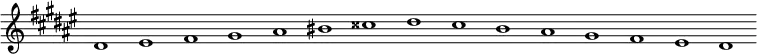 
\new Staff {
  \relative c' {
    \key dis \minor
    \override Staff.TimeSignature #'stencil = ##f
    \override Staff.BarLine #'stencil = ##f
     dis1 eis fis gis ais bis cisis dis cis b ais gis fis eis dis
  }
}
\midi {
  \context {
    \Score
    tempoWholesPerMinute = #(ly:make-moment 120 1)
  }
}
