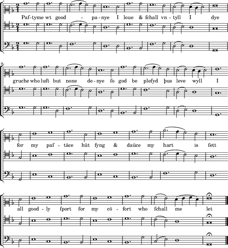 
  \version "2.18.2"
 %\version "2.10.33"
 \new ChoirStaff <<
  \new Staff {
   \set Score.tempoHideNote = ##t
   \tempo 1 = 125
   \time 2/1 \key g \dorian
   \clef "neomensural-c2"
   %% \override NoteHead #'style = #'petrucci
   bes'1. bes'2 bes'1. bes'2 a'2. (bes'4 a'2) g'2 f'1. 
   f'2 bes'1. bes'2 a'1. g'2 f' (g') f'4 (e' f'2) g'\breve \break
   bes'1. bes'2 bes'1. bes'2 a'2. (bes'4 a'2) g'2 f'1.
   f'2 bes'1. bes'2 a'2. (bes'4 a'2) g'2 f' (g') f'4 (e' f'2) g'1. \bar "" \break
   f'2 g'1 a' bes'1.  f'2 g'1 a' bes'1.  bes'2 c''2. (bes'4 a'2) g' f'1. \bar "" \break
   f'2 g'1 a' bes'1. bes'2 g'1 a' bes'1.  bes'2 a' (g') f'4 (g' a' f')  
   g'\breve\fermata   \bar "|."
  } %% /new Staff
  \addlyrics { 
   Paſ -- tyme wt good Ꝯ -- pa -- nye 
   I loue "&" ſchall vn -- tyll I dye 
   gruche who luſt but none de -- nye
   ſo god be pleſyd þus leve wyll I
   for my paſ -- tāce 
   hūt ſyng "&" daūce
   my hart is ſett
   all good -- ly ſport
   for my cō -- fort
   who ſchall me let
  } %% /addlyrics
  \new Staff {
   \time 2/1 \key g \dorian
   \clef "neomensural-c4"
   d'1. d'2 d'1. d'2 c'2. (d'4 c'2) bes2 a1. a2 d'1. d'2 c'1. bes2 a2 (bes2) a1 g\breve
   d'1. d'2 d'1. d'2 c'2. (d'4 c'2) bes2 a1. a2 d'1. d'2 c'1. bes2 a2 (bes2)
   a1 g1. g2 bes1 c'1 d'1. d'2 bes1 c'1 d'1. d'2 c'2. (d'4 c'2) bes2
   a1. f2 bes1 c'1 d'1. d'2 bes1 c'1 d'1. d'2 c'2 (bes2) a1 g\breve\fermata \bar "|."
  } %% /new Staff
  \new Staff {
   \time 2/1 \key g \dorian
   \clef bass
   g1. g2 g1. d2 f1. g2 d1. d2 bes,1. bes,2 f1. g2 d2 (e2) d1 g,\breve
   g1. g2 g1. d2 f1. g2 d1. d2 bes,1. bes,2 f1. g2 d2 (e2)
   d1 g,1. g,2 e1 c1 bes,1. bes,2 e1 c1 bes,1. bes,2 f1.
   g2 d1. d2 e1 c1 bes,1. bes,2 e1 c1 bes,1. g2 c2 (e2) d1 g,\breve\fermata \bar "|."
  } %% /new Staff
 >> %% /new ChoirStaff
  \layout {
     #(layout-set-staff-size 16) 
     \override SpacingSpanner.common-shortest-duration = #(ly:make-moment 1/3)
    }
