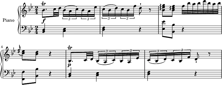 
\version "2.18.2"
\header {
  tagline = ##f
}
upper = \relative c' {
  \clef treble 
  \key bes \major
  \time 2/4
  \tempo "Allegro"
  \tempo 4 = 70
   bes'8. \trill \f c32 d \tuplet 3/2 {bes16 (a c )} \tuplet 3/2 { bes16 a ees')}
   \tuplet 3/2 {c16 (bes d )} \tuplet 3/2 { c16 bes f')} d8-! r
   <bes ees g> \arpeggio <bes d f> \arpeggio f'32 bes a bes d bes a bes
    \grace <d, f>16 (<c ees>8) <bes d> r4
    bes,8.  \trill \p c32 d \tuplet 3/2 {bes16 (a c )} \tuplet 3/2 { bes16 a ees')}
   \tuplet 3/2 {c16 (bes d )} \tuplet 3/2 { c16 bes f')} d8-! r
}
lower = \relative c {
  \clef bass
  \key bes \major
  \time 2/4
  <bes d>4 <c ees> <d f> r 
  <ees ees'>8 <bes bes'> r4
  <f f'>8 <bes bes'> r4
  <bes d>4 <c ees> <d f> r
} 
\score {
  \new PianoStaff <<
    \set PianoStaff.instrumentName = #"Piano"
    \new Staff = "upper" \upper
    \new Staff = "lower" \lower
  >>
  \layout {
    \context {
      \Score
      \remove "Metronome_mark_engraver"
    }
  }
  \midi { }
}
