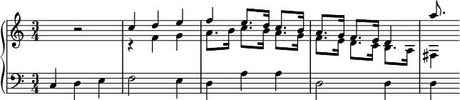 
\version "2.14.2"
\header {
  tagline = ##f
}
upper = \relative c'' {
  \clef treble 
  \key c \major
  \time 3/4
  \tempo 4 = 88
  %\autoBeamOff
  \set Staff.midiInstrument = #"dulcimer"
  s4 r2 
  << {c4 d e f e8. d16 c8. b16 a8. g16 f8. e16 d4 a''8. } \\ { r4 f,4 g a8. b16 c8. b16 a8. g16 f8. e16 d8. c16 b8. a16 fis4 } >> 
}
lower = \relative c {
  \clef bass
  \key c \major
  \time 3/4
  \set Staff.midiInstrument = #"dulcimer"
    c4 d e f2 e4 d a' a  d,2 d4 d
}
\score {
  \new PianoStaff <<
    \set PianoStaff.instrumentName = #""
    \new Staff = "upper" \upper
    \new Staff = "lower" \lower
  >>
  \layout {
    \context {
      \Score
      \remove "Metronome_mark_engraver"
    }
  }
  \midi { }
}
