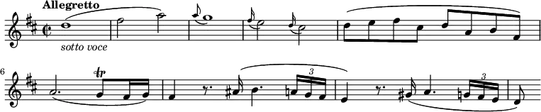 
  \relative c'' {
    \version "2.18.2"
    \key d \major 
    \tempo "Allegretto"
    \time 2/2
    \tempo 4 = 130
    d1_\markup{\italic {sotto voce}}  (fis2 a)
    \grace a8 (g1)
     \grace fis16 (e2) \grace d16 (cis2)
     d8 (e fis cis d a b fis)
     a2. (g8 \trill fis16 g)
     fis4 r8. ais16 (b4. \tuplet 3/2 {a16 g fis} e4)
     r8. gis16 (a4. \tuplet 3/2 {g16 fis e} d8)  
}
