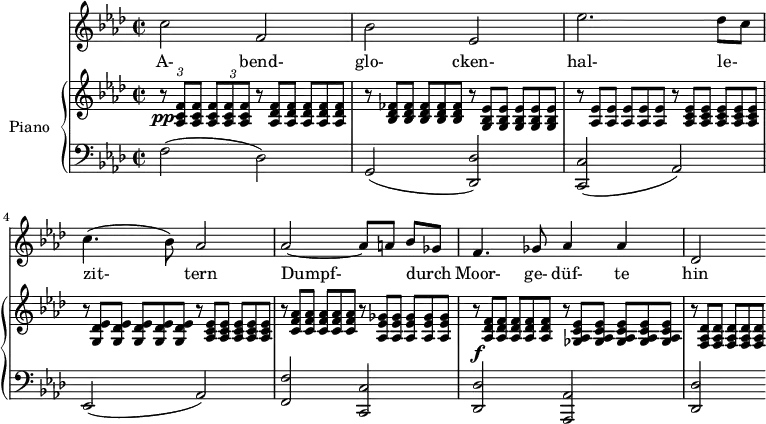 
\version "2.18.2"
\header {
  tagline = ##f
}
%%%% Schubert, Der Herbstabend / début
%%%%%% VOIX %%%%%
melody = \relative c'' {
  \clef treble
  \key f \minor
  \time 2/2
  \tempo 4 = 72
  \override TupletBracket #'bracket-visibility = ##f
   c2 f, bes ees, ees'2. des8[ c] c4.( bes8) aes2 
   aes2~ aes8[ a] bes[ ges] | f4. ges8 aes4 aes des,2 
}
text = \lyricmode {
  A- bend- glo- cken- hal- le- zit- tern Dumpf- durch Moor- ge- düf- te hin ;
}
   %%%%%% PIANO %%%%%
upper = \relative c' {
  \clef treble
  \key f \minor
  \time 2/2  \override TupletBracket #'bracket-visibility = ##f 
   % ms. 1
   \times 2/3 { r8\pp < aes c f >8 q } \times 2/3 { < aes c f >8[ q q] } \omit TupletNumber  
   \times 2/3 { r8 < aes des f >8 q } \times 2/3 { < aes des f >8[ q q] } |
   % ms. 2
   \times 2/3 { r8 < bes des fes >8 q } \times 2/3 { < bes des fes >8[ q q] }  
   \times 2/3 { r8 < g bes ees >8 q } \times 2/3 { < g bes ees >8[ q q] } | 
   % ms. 3
   \times 2/3 { r8 < aes ees' >8 q } \times 2/3 { < aes ees' >8[ q q] }  
   \times 2/3 { r8 < aes c ees >8 q } \times 2/3 { < aes c ees >8[ q q] } | 
   % ms. 4
   \times 2/3 { r8 < g des' ees >8 q } \times 2/3 { < g des' ees >8[ q q] }  
   \times 2/3 { r8 < aes c ees >8 q } \times 2/3 { < aes c ees >8[ q q] } | 
   % ms. 5
   \times 2/3 { r8 < c f aes >8 q } \times 2/3 { < c f aes >8[ q q] }  
   \times 2/3 { r8 < aes ees' ges >8 q } \times 2/3 { < aes ees' ges >8[ q q] } | 
   % ms. 6
   \times 2/3 { r8\f < aes des f >8 q } \times 2/3 { < aes des f >8[ q q] }  
   \times 2/3 { r8 < ges aes c ees >8 q } \times 2/3 { < ges aes c ees >8[ q q] } | 
   \times 2/3 { r8 < f aes des >8 q } \times 2/3 { < f aes des >8[ q q] } | 
}
lower = \relative c {
  \clef bass
  \key f \minor
  \time 2/2
   f2( des) g,( < des' des, >) < c c,>( aes) ees( aes) | < f' f, > < c c,>\crescTextCresc < des des,> < aes aes, > < des des,>
}
\score {
  <<
    \new Voice = "mel" { \autoBeamOff \melody }
    \new Lyrics \lyricsto mel \text
    \new PianoStaff <<
    \set PianoStaff.instrumentName = #"Piano"
      \new Staff = "upper" \upper
      \new Staff = "lower" \lower
    >>
  >>
  \layout {
    \context { \Staff \RemoveEmptyStaves }
     \context { \Score \remove "Metronome_mark_engraver" 
     \override SpacingSpanner.common-shortest-duration = #(ly:make-moment 1/3)
     }
  }
  \midi { }
}
