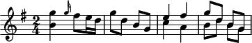 
\header {
  tagline = ##f
}
\score {
  \new Staff \with {
  }
<<
  \relative c'' {
    \key g \major
    \time 2/4
    \override TupletBracket #'bracket-visibility = ##f 
    %\autoBeamOff
     %%%%%%%%%%%%%%%%%%%%%%%%%% K15e
     < g' b, >4 \grace g16 fis8 e16 d g8 d b g 
     << { e'4 fis g8 d b g } \\ { c4 a b8 d b g } >>
  }
>>
  \layout {
    \context {
      \remove "Metronome_mark_engraver"
    }
  }
  \midi {}
}
