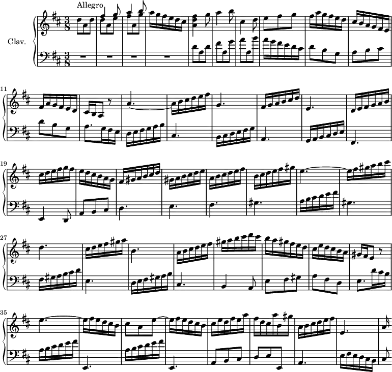 
\version "2.18.2"
\header {
  tagline = ##f
  % composer = "Domenico Scarlatti"
  % opus = "K. 237"
  % meter = "Allegro"
}
%% les petites notes
%trillBesp     = { \tag #'print { bes4.\prall } \tag #'midi { c32 bes c bes~ bes4 } }
upper = \relative c'' {
  \clef treble 
  \key d \major
  \time 3/8
  \tempo 4. = 76
      s8*0^\markup{Allegro}
      d8 a d | << { fis4 g8 | a4 b8 } \\ { d,8 a e' | fis a, g' } >> | a16 g fis e d cis | < a d fis >4 g'8 | a4 b8 | cis,4 d8 |
      % ms. 8
      e8 fis g | fis16 a g fis e d | cis b a g fis e | fis a g fis e d | cis b a8 r8 | a'4.~ | a16 b cis d e fis |
      % ms. 15
      g,4. | fis16 g a b cis d | e,4. | d16 e fis g a b | cis d e fis g fis | e d cis b a g |
      % ms. 21
      fis16 gis a b cis d | gis, a b cis d e | a, b cis d e fis | b, cis d e fis gis | e4.~ e16 fis gis a b cis |
      % ms. 27
      d,4. | cis16 d e fis gis a | b,4. | a16 b cis d e fis | gis a b cis d cis | b a gis fis e d |
      % ms. 33
      cis16 e d cis b a | gis fis e8 r8 | e'4.~ | e16 fis e d cis b | cis8 a e'~ | e16 fis e d cis b | cis e d fis e a |
      % ms. 40
      fis16 d cis a' b, gis' | a, b cis d e fis | e,4. | a16
}
lower = \relative c' {
  \clef bass
  \key d \major
  \time 3/8
    % ************************************** \appoggiatura a16  \repeat unfold 2 {  } \times 2/3 { }   \omit TupletNumber 
      R4.*4 | d8 a d | fis a, g' | a a, b' |
      % ms. 8
      a16 g fis e d cis | d8 b g | a b cis | d b g | a8. g16 fis e | d e fis g a b | cis,4. |
      % ms. 15
      b16 cis d e fis g | a,4. | g16 a b cis d e | fis,4. | e4 d8 | a' b cis | 
      % ms. 21
      d4. | e fis gis | a16 b cis d e fis | gis,4. |
      % ms. 27
      fis16 gis a b cis d | e,4. | d16 e fis gis a b | cis,4. | b4 a8 | e' fis gis |
      % ms. 33
      a8 fis d | e8. d'16 cis b | \repeat unfold 2 { a b cis d e fis | e,,4. } | a8 b cis | 
      % ms. 40
      d8 e e, | a4. | e'16 fis e d cis b | cis8 % a4 | e'16 fis e d cis b | cis8 a a' |
}
thePianoStaff = \new PianoStaff <<
    \set PianoStaff.instrumentName = #"Clav."
    \new Staff = "upper" \upper
    \new Staff = "lower" \lower
  >>
\score {
  \keepWithTag #'print \thePianoStaff
  \layout {
      #(layout-set-staff-size 17)
    \context {
      \Score
     \override TupletBracket.bracket-visibility = ##f
     \override SpacingSpanner.common-shortest-duration = #(ly:make-moment 1/2)
      \remove "Metronome_mark_engraver"
    }
  }
}
\score {
  \keepWithTag #'midi \thePianoStaff
  \midi { \set Staff.midiInstrument = #"harpsichord" }
}
