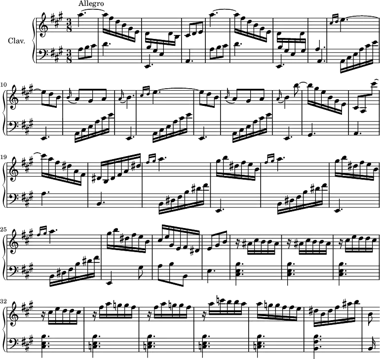 
\version "2.18.2"
\header {
  tagline = ##f
  % composer = "Domenico Scarlatti"
  % opus = "K. 321"
  % meter = "Allegro"
}
%% les petites notes
%trillBesp     = { \tag #'print { bes4.\prall } \tag #'midi { c32 bes c bes~ bes4 } }
upper = \relative c'' {
  \clef treble 
  \key a \major
  \time 3/8
  \tempo 4. = 72
  \set Staff.midiInstrument = #"harpsichord"
  \override TupletBracket.bracket-visibility = ##f
      s8*0^\markup{Allegro}
      a'4.~ a16 fis d b gis e | \stemDown d  \stemUp  \change Staff = "lower" b gis e \stemDown \change Staff = "upper" d' b | \stemNeutral cis8 d e | a'4.~ a16 fis d b gis e |
      % ms. 7
      \stemDown d16  \stemUp  \change Staff = "lower" b gis e \stemDown \change Staff = "upper" d' \stemUp  \change Staff = "lower" gis,  | a4.  | \stemNeutral \change Staff = "upper"  \grace {   \tempo 4. = 35 cis'16 d }   \tempo 4. = 72 e4.~ | e8 d b | \appoggiatura b16 a8 gis a | \appoggiatura a16 b4. | \grace {   \tempo 4. = 35 cis16 d }   \tempo 4. = 72 e4.~ |
      % ms. 14
      e8 d b | \appoggiatura b16 a8 gis a | \appoggiatura a16 b4 b'8~ | b16 gis e b gis e | cis8 a cis''8~ | cis16 a fis dis a fis |
      % ms. 20
      dis16 b dis fis a dis | \repeat unfold 3 { \grace {   \tempo 4. = 35 fis16 gis }   \tempo 4. = 72 a4. | gis16 b dis, fis e b } |  
      % ms. 27
      cis16 e gis, e fis dis | e8 gis b | \repeat unfold 2 { r16 ais16 cis b b ais } | \repeat unfold 2 { r16 cis16 e d d cis } |
      % ms. 33
      \repeat unfold 2 { r16 fis16 a g g fis } | r16 a16 c b b a | a g g fis fis e | dis b dis fis ais b |
      % ms. 38
      b,8
}
lower = \relative c' {
  \clef bass
  \key a \major
  \time 3/8
  \set Staff.midiInstrument = #"harpsichord"
  \override TupletBracket.bracket-visibility = ##f
    % ************************************** \appoggiatura a16  \repeat unfold 2 {  } \times 2/3 { }   \omit TupletNumber 
      \repeat unfold 2 { a8 b cis | d4. | e,, | \shiftOn a } |
      % ms. 9
      \repeat unfold 4 { a16 cis e a cis e | e,,4. }
      % ms. 17
      gis4. a a' |
      % ms. 20
      b,4. | \repeat unfold 2 { b16 dis fis b dis fis | e,,4. } | b'16 dis fis b dis fis |
      % ms. 24
      e,,4  gis'8 | a b b, | e4. | < cis e b' >4. q q |
      % ms. 32
      q | < c e b' >4. q q q | < b fis' b >4.
      % ms. 38
      b16
}
thePianoStaff = \new PianoStaff <<
    \set PianoStaff.instrumentName = #"Clav."
    \new Staff = "upper" \upper
    \new Staff = "lower" \lower
  >>
\score {
  \keepWithTag #'print \thePianoStaff
  \layout {
      #(layout-set-staff-size 17)
    \context {
      \Score
     \override SpacingSpanner.common-shortest-duration = #(ly:make-moment 1/2)
      \remove "Metronome_mark_engraver"
    }
  }
}
\score {
  \keepWithTag #'midi \thePianoStaff
  \midi { }
}
