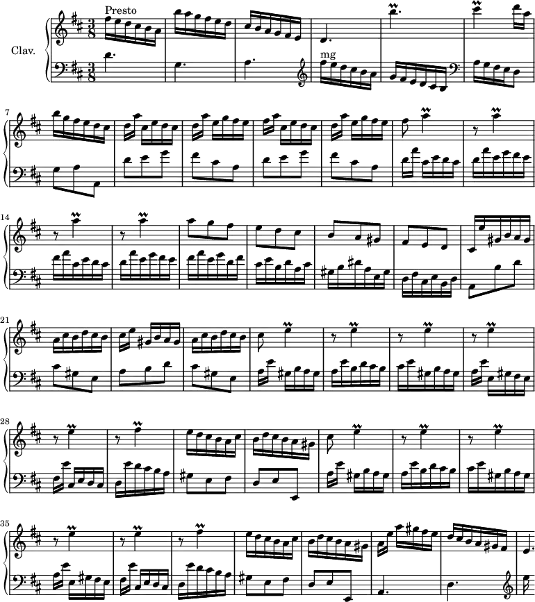 
\version "2.18.2"
\header {
  tagline = ##f
  % composer = "Domenico Scarlatti"
  % opus = "K. 416"
  % meter = "Presto"
}
%% les petites notes
trillE       = { \tag #'print { e4\prall } \tag #'midi { fis32 e fis e~ e8 } }
trillCis     = { \tag #'print { cis4\prall } \tag #'midi { d32 cis d cis~ cis8 } }
trillA       = { \tag #'print { a4\prall } \tag #'midi { b32 a b a~ a8 } }
trillFis     = { \tag #'print { fis4\prall } \tag #'midi { g32 fis g fis~ fis8 } }
trillBpUpUp  = { \tag #'print { b''4.\prall } \tag #'midi { cis32 b cis b~ b4 } }
upper = \relative c'' {
  \clef treble 
  \key d \major
  \time 3/8
  \tempo 4. = 82
      s8*0^\markup{Presto}
      fis16 e d cis b a  | b' a g fis e d | cis b a g fis e | d4. \trillBpUpUp | \trillCis d16 a |
      % ms. 7
      b16 g fis e d cis | d[ a'] cis, e d cis | d[ a'] e g fis e  | fis[ a] cis, e d cis | d[ a'] e g fis e | fis8 \trillA
      % ms. 13
      \repeat unfold 3 { r8 \trillA } | a8 g fis | e d cis | b a gis |
      % ms. 19
      fis8 e d | cis16 e' gis, b a gis | a cis b d cis b | cis[ e] gis, b a gis | a cis b d cis b | cis8 \trillE 
      % ms. 25
      \repeat unfold 4 { r8 \trillE } | r8 \trillFis | e16 d cis b a cis | 
      % ms. 31
      b16 d cis b a gis | cis8 \trillE | \repeat unfold 4 { r8 \trillE } |
      % ms. 37
      r8 \trillFis | e16 d cis b a cis | b d cis b a gis | a[ e'] a gis fis e | d cis b a gis fis e4.*1/4 |
}
lower = \relative c' {
  \clef bass
  \key d \major
  \time 3/8
    % ************************************** \appoggiatura a16  \repeat unfold 2 {  } \times 2/3 { }   \omit TupletNumber 
      d4. g, a |   \clef treble fis''16^\markup{mg} e d cis b a | g fis e d cis b   \clef bass a g fis e d8 |
      % ms. 7
      g8 a a, | \repeat unfold 2 { d' e g | fis cis a } | d16[ a'] cis, e d cis |
      % ms. 13
      d16 a' e g fis e  | fis a cis, e d cis | d16 a' e g fis e | fis a e g d fis | cis e b d a cis | gis b dis a e gis |
      % ms. 19
      d16 fis cis e b d | a8 b' d | cis gis e | a b d | cis gis e | \repeat unfold 2 { a16[ e'] gis, b a gis |
      % ms. 25
      a16 e' b d cis b | cis e gis, b a gis | a[ e'] e, gis fis e  | fis[ e'] cis, e d cis | d e' d cis b a | gis8 e fis |
      % ms. 31
      d8 e e, }
      % ms. 40
      a4. d \clef treble e''16
}
thePianoStaff = \new PianoStaff <<
    \set PianoStaff.instrumentName = #"Clav."
    \new Staff = "upper" \upper
    \new Staff = "lower" \lower
  >>
\score {
  \keepWithTag #'print \thePianoStaff
  \layout {
      #(layout-set-staff-size 17)
    \context {
      \Score
     \override TupletBracket.bracket-visibility = ##f
     \override SpacingSpanner.common-shortest-duration = #(ly:make-moment 1/2)
      \remove "Metronome_mark_engraver"
    }
  }
}
\score {
  \keepWithTag #'midi \thePianoStaff
  \midi { \set Staff.midiInstrument = #"harpsichord" }
}
