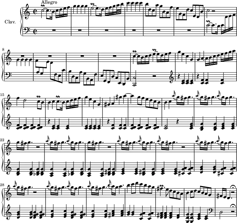 
\version "2.18.2"
\header {
  tagline = ##f
  % composer = "Domenico Scarlatti"
  % opus = "K. 422"
  % meter = "Allegro"
}
%% les petites notes
trillCq     = { \tag #'print { c8\prall } \tag #'midi { \times 2/3 { c16 d c } } }
trillCb     = { \tag #'print { c2\prall~ } \tag #'midi { c8 \times 2/3 { d16 c d c d c~ } c8~ } }
trillEb     = { \tag #'print { e2\prall~ } \tag #'midi { e8 \times 2/3 { f16 e f e f e~ } e8~ } }
trillC      = { \tag #'print { c4\prall~ } \tag #'midi { \times 2/3 { d16 c d } c8~ } }
trillE      = { \tag #'print { e4\prall~ } \tag #'midi { \times 2/3 { f16 e f } e8~ } }
trillFisp   = { \tag #'print { fis4.\prall } \tag #'midi { \times 2/3 { g16 fis g } fis4 } }
upper = \relative c'' {
  \clef treble 
  \key c \major
  \time 2/2
  \tempo 2 = 88
  \set Staff.midiInstrument = #"harpsichord"
  \override TupletBracket.bracket-visibility = ##f
      s8*0^\markup{Allegro}
      \trillCb c8. b16 c[ d e f] | g4 g g g | \trillEb e8. d16 e[ f g a32 b] |
      % ms. 4
      c4 c c c | b8 d, c a' g b, a f' | e g, f d' c e, d b' | c2 r2 | R1*4 
      % ms. 12
      \trillC c16 b c d \trillE e16 d e f | g4 e c g | g a4~ a16 b c d e[ f g a] | f4 d2 \trillCq b8 |
      % ms. 16
      b4 c c8.\prall b16 c[ d e f] | g4 e c g | gis a gis' a~ | a g8 f e d c b |
      % ms. 20
      b4 c \appoggiatura a'16 g16 fis g4. 
      \repeat unfold 2 { \repeat unfold 2 { \appoggiatura a16 g16 fis g4. } |
      % ms. 28
      g16 fis g4. r2 } | 
      \repeat unfold 2 { \repeat unfold 3 { \appoggiatura a16 g16 fis g4. } r2 } 
      \repeat unfold 3 { \appoggiatura a16 g16 fis g4. } \appoggiatura b16 a16 g a4. |
      % ms. 31
      b4 c8 d c[ b a g] | \trillFisp e8 d c b a | b4 c8 d c b a g | fis16 e d4. r2\fermata
}
lower = \relative c' {
  \clef bass
  \key c \major
  \time 2/2
  \set Staff.midiInstrument = #"harpsichord"
  \override TupletBracket.bracket-visibility = ##f
    % ************************************** \appoggiatura a16  \repeat unfold 2 {  } \times 2/3 { }   \omit TupletNumber 
      R1*6
      % ms. 7
      \trillCb c8. b16 c[ \stemDown \change Staff = "upper" d e f] | g4 g g g | f8 \stemUp \change Staff = "lower"  a, g \stemDown \change Staff = "upper" e' d \stemNeutral \change Staff = "lower"  f, e c' | b d, c a' g b, a f' | e g, f d' c e, d b' |
      % ms. 12
      < c, c' >2 r2   \clef treble  | r4 < c'' e >4 q q | r4 < c f >4 q q | < c d f > q q q | 
      % ms. 16
      r4 \repeat unfold 7 { < c e >4 } | r4 < c f >4 q q | < c d f > q q q |
      % ms. 20
      < c e >2 r4 < c e g >4 | < b d g > q < c e g > q | < b d g > q \repeat unfold 2 { < bes d g > q |
      % ms. 24
      < a c g' >4 q } \repeat unfold 2 { < b dis g >4 q | < c e g > q } \repeat unfold 2 { < cis g' a >4 q < d g b > q }
      % ms. 28 suite
      \repeat unfold 2 { < d f g b >4 q  < e g c > q } < fis a c >4 q
      % ms. 31
      < g b >4 q  < c, g' a > q | < d fis a > q q < d fis > | < g, d' g > q < c e g > < c e >   \clef bass | d,2 r2\fermata
}
thePianoStaff = \new PianoStaff <<
    \set PianoStaff.instrumentName = #"Clav."
    \new Staff = "upper" \upper
    \new Staff = "lower" \lower
  >>
\score {
  \keepWithTag #'print \thePianoStaff
  \layout {
      #(layout-set-staff-size 17)
    \context {
      \Score
     \override SpacingSpanner.common-shortest-duration = #(ly:make-moment 1/2)
      \remove "Metronome_mark_engraver"
    }
  }
}
\score {
  \keepWithTag #'midi \thePianoStaff
  \midi { }
}
