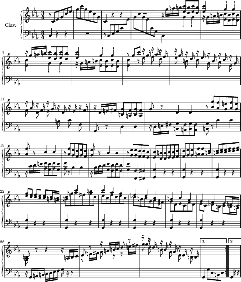 
\version "2.18.2"
\header {
  tagline = ##f
  % composer = "Domenico Scarlatti"
  % opus = "K. 84"
  % meter = ""
}
%% les petites notes
%trillBesp     = { \tag #'print { bes4.\prall } \tag #'midi { c32 bes c bes~ bes4 } }
upper = \relative c'' {
  \clef treble 
  \key c \minor
  \time 3/4
  \tempo 4 = 122
  \set Staff.midiInstrument = #"harpsichord"
  \override TupletBracket.bracket-visibility = ##f
  \repeat volta 2 {
      % s8*0^\markup{Allegro}
      r8 c,8 ees g c ees g c g ees  c g | c,4 r4 r4 R2. |
      % ms. 5
      \repeat unfold 2 { r16 g''16 a b \stemUp < ees, c' >8 < d b' > < ees c' > < d b' > | < ees c' >4 g^! g^! } | 
      % ms. 9
      r8 g8 c r16 g16 r16 aes16 r16 f16 | r16 g16 r16 d r16 ees r16 b r16 c r16 g | r16 aes r16 f r16  g r16 d r16  ees r16 f
      % ms. 12
      r16 d16 e fis < b, g' >8 < a fis' > < b g' > < a fis' > | g'8 r8 d4 d | r8 < bes' g' >8 < aes f' > < g e' > < aes f' > < g e' > | < aes f' > r8 c4 c |
      % ms. 16
      r8 < aes f' >8 < g ees' > < f d' > < g ees' > < f d' > |  < g ees' >8 r8 bes4 bes | r8 < g ees' >8 q < f d' > q < ees c' > | q < d b' > q < ees c' > q < f d' > |
      % ms. 20
      < f d' >8 < g ees' > q < a f' > q < b d > | q < c ees >8 q < d f >8 q < ees g >8 | q < d f >8 q < c ees >8 q < b d >16 < a c  > << { d8 s8 c'4 b | c aes g } \\ { b,8 g' aes fis g d | ees c f d ees c } >>
      % ms. 25
      << { f4 ees c | b c aes | g f ees8 d16 c | b8 } \\ { des'8 b c g aes fis | g d ees c f d | ees c des b c b16 a | g8 } >> r8 r4 r16 a16 b c |
      % ms. 29
      d8 r8 r16 a'16 b c d8 r8 | r16 g16  r16 d16  r16 b16  r16 g16  r16 d16  r16 b16 }%reprise
      \alternative {
      { s2. }
      { s2. }
      }%alternative
}
lower = \relative c' {
  \clef bass
  \key c \minor
  \time 3/4
  \set Staff.midiInstrument = #"harpsichord"
  \override TupletBracket.bracket-visibility = ##f
  \repeat volta 2 {
    % **************************************
      c,4 r4 r4 | R2. | r8 c8 ees g c \stemDown \change Staff = "upper"  ees g c g ees \change Staff = "lower"  c g |
      % ms. 5
      c,4 \stemDown \change Staff = "upper" \repeat unfold 2 { g''_! g_! | r16 g16 a b < ees, c' >8 < d b' > < ees c' > < d b' > | < ees c' >4 }
      % ms. 9 suite
      r8 \autoBeamOff ees'8 f d | ees b c g aes ees | f d ees \stemNeutral \change Staff = "lower" b c f, \autoBeamOn |
      % ms. 12
      g,8 r8 d'4 d | r16 d16 e fis < b, g' >8 < a fis' > < b g' > < a fis' > | < b g' >8 r8 c'4 c | r16 c16 d e < aes, f' >8 < g e' > < aes f' > < g e' > | 
      % ms. 16
       < aes f' >8 r8 bes4 bes | r16 bes16 c d < g, ees' >8 < f d' > < g ees' > < f d' > | < g ees' >4 < f, f' >4 < fis fis' > |
      % ms. 19
      \repeat unfold 9 { < g g' >4 r4 r4 } |
      % ms. 28
      r16 g16 a b c d ees f  g r16 r8  \stemDown \change Staff = "upper" r8 e'16 fis g8 r8 r8 e'16 fis | \autoBeamOff g8 d b g d b | }%reprise
      \alternative {
      { \autoBeamOn \stemNeutral \change Staff = "lower" g,4 g'8 d b d | }
      { g,4 r4 r4 }
      }% alternative
}
thePianoStaff = \new PianoStaff <<
    \set PianoStaff.instrumentName = #"Clav."
    \new Staff = "upper" \upper
    \new Staff = "lower" \lower
  >>
\score {
  \keepWithTag #'print \thePianoStaff
  \layout {
      #(layout-set-staff-size 17)
    \context {
      \Score
     \override SpacingSpanner.common-shortest-duration = #(ly:make-moment 1/2)
      \remove "Metronome_mark_engraver"
    }
  }
}
\score {
  \unfoldRepeats
  \keepWithTag #'midi \thePianoStaff
  \midi { }
}
