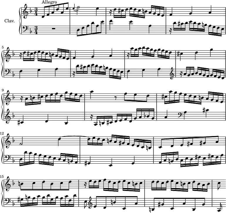 
\version "2.18.2"
\header {
  tagline = ##f
  % composer = "Domenico Scarlatti"
  % opus = "K. 191"
  % meter = "Allegro"
}
%% les petites notes
trillBesp     = { \tag #'print { bes4.\prall } \tag #'midi { c32 bes c bes~ bes4 } }
upper = \relative c'' {
  \clef treble 
  \key d \minor
  \time 3/4
  \tempo 4 = 92  \set Staff.midiInstrument = #"harpsichord"
  \override TupletBracket.bracket-visibility = ##f
      s8*0^\markup{Allegro}
      d,8 f a d a e' | \appoggiatura e4 f2 e4 | \repeat unfold 2 { r16 d16 cis d e d cis b a g f e |
      % ms. 4
      f4 g a }
      % ms. 7
      r16 a'16 g a bes a g f g f e d | cis4 d g | r16 a,16 b cis d e f d g f e d |
      % ms. 10
      a'4 r8 f8 e d | cis16 a' g f e d cis b a g f e | f2 d'4~ |
      % ms. 13
      d16 e d c b a gis f e d c b | c8 d e fis gis a | b c d b c d |
      % ms. 16 
      r16 e16 d e f d c d e c b c | d d c d e c b c d b a b | c8
}
lower = \relative c' {
  \clef bass
  \key d \minor
  \time 3/4
  \set Staff.midiInstrument = #"harpsichord"
  \override TupletBracket.bracket-visibility = ##f
    % ************************************** \appoggiatura \repeat unfold 2 {  } \times 2/3 { }
      R2. | d,8 f a d a e' | f4 e a, |
      % ms. 4
      \repeat unfold 2 { r16 d16 cis d e d cis b a g f e | f4 g a } |   \clef treble 
      % ms. 8
      r16 a' g a bes a g f g f e d | cis4 d bes |  
      % ms. 10
      r16 a b cis d e f d g a bes! g | a4   \clef bass a, cis | d,16 d' c bes  a g f e  d c b a |
      % ms. 13
      gis4 e gis | a16 c b d c e d fis e gis fis a | gis b a c b d gis, b a c f, d' |
      % ms. 16
      e,8  \clef treble  e'[ d b' c, a'] | b, gis' c, a' b, gis' | a,16
}
thePianoStaff = \new PianoStaff <<
    \set PianoStaff.instrumentName = #"Clav."
    \new Staff = "upper" \upper
    \new Staff = "lower" \lower
  >>
\score {
  \keepWithTag #'print \thePianoStaff
  \layout {
      #(layout-set-staff-size 17)
    \context {
      \Score
     \override SpacingSpanner.common-shortest-duration = #(ly:make-moment 1/2)
      \remove "Metronome_mark_engraver"
    }
  }
}
\score {
  \keepWithTag #'midi \thePianoStaff
  \midi { }
}
