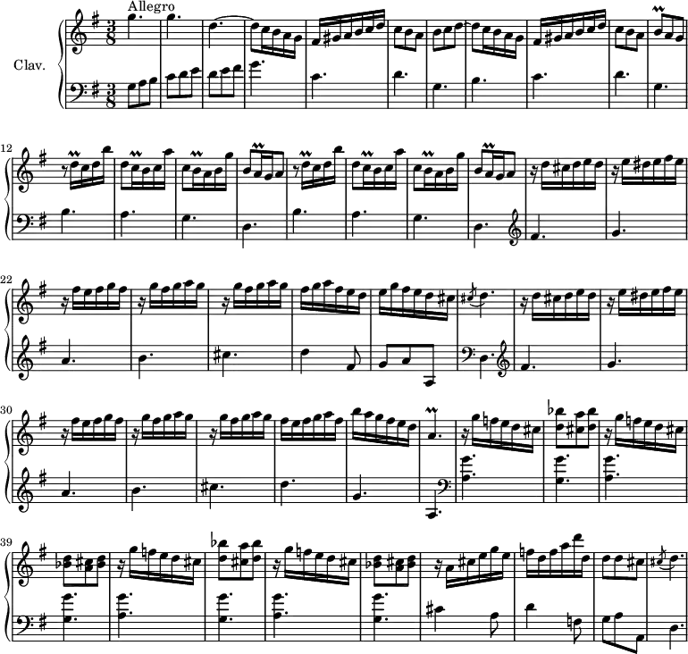 
\version "2.18.2"
\header {
  tagline = ##f
  % composer = "Domenico Scarlatti"
  % opus = "K. 290"
  % meter = "Allegro"
}
%% les petites notes
trillBp       = { \tag #'print { b8\prall } \tag #'midi { c32 b c b } }
trillDqqUp    = { \tag #'print { d'16\prall } \tag #'midi { \times 2/3 { d32 e d } } }
trillCqq      = { \tag #'print { c16\prall } \tag #'midi { \times 2/3 { c32 d c } } }
trillBqq      = { \tag #'print { b16\prall } \tag #'midi { \times 2/3 { b32 c b } } }
trillAqq      = { \tag #'print { a16\prall } \tag #'midi { \times 2/3 { a32 b a } } }
appoDp        = { \tag #'print { \acciaccatura cis8 d4. } \tag #'midi { cis4   \tempo 4. = 30 d8   \tempo 4. = 82 } }
trillAp       = { \tag #'print { a4.\prall } \tag #'midi { b32 a b a~ \tempo 4. = 30 a4 \tempo 4. = 82 } }
upper = \relative c'' {
  \clef treble 
  \key g \major
  \time 3/8
  \tempo 4. = 82
  \set Staff.midiInstrument = #"harpsichord"
  \override TupletBracket.bracket-visibility = ##f
      s8*0^\markup{Allegro}
      g'4. g d4.~ | d8 c16 b a g | fis gis a b c d | c8 b a | b c d~ |
      % ms. 8
      d8 c16 b a g | fis gis a b c d | c8 b a | \trillBp a8 g | \repeat unfold 2 { r8 \trillDqqUp c16 d b' | d,8 \trillCqq b16 c a' | c,8 \trillBqq a16 b g' |
      % ms. 15
      b,8 \trillAqq g16 a8 } |    r16 d16 cis d e d | r16 e dis e fis e |
      % ms. 22
      r16 fis16 e fis g fis | \repeat unfold 2 { r16 g16 fis g a g } | fis g a fis e d | e g fis e d cis | \appoDp |
      % ms. 28
      r16 d16 cis d e d | r16 e dis e fis e | r16 fis16 e fis g fis | \repeat unfold 2 { r16 g16 fis g a g } | fis16 e fis g a fis b a g fis e d  | \trillAp |
      % ms. 36
      \repeat unfold 2 { r16 g'16 f e d cis | < d bes' >8 < cis a' > < d bes' > | r16 g16 f e d cis | < bes d >8 < a cis > < bes d > }
      % ms. 44
      r16 a16 cis e g e | f d f a d d, | d8 d cis | \appoDp |
}
lower = \relative c' {
  \clef bass
  \key g \major
  \time 3/8
  \set Staff.midiInstrument = #"harpsichord"
  \override TupletBracket.bracket-visibility = ##f
    % ************************************** \appoggiatura a16  \repeat unfold 2 {  } \times 2/3 { }   \omit TupletNumber 
      g8 a b | c d e | d e fis | g4. | \repeat unfold 2 { c,4. | d4. | g,4. | b4. }
      % ms. 13
      a4. g
      % ms. 15
      d4. b' a g d    \clef treble  fis' g |
      % ms. 22
      a4. b cis d4 fis,8 g a a,   \clef bass d,4. |  \clef treble fis'4.
      % ms. 29
      g4. a b cis d g, a, | \clef bass
      % ms. 36
      \repeat unfold 4 { < a g' >4. < g g' > }
      % ms. 44
      cis4 a8 | d4 f,8 | g a a, | d4. 
}
thePianoStaff = \new PianoStaff <<
    \set PianoStaff.instrumentName = #"Clav."
    \new Staff = "upper" \upper
    \new Staff = "lower" \lower
  >>
\score {
  \keepWithTag #'print \thePianoStaff
  \layout {
      #(layout-set-staff-size 17)
    \context {
      \Score
     \override SpacingSpanner.common-shortest-duration = #(ly:make-moment 1/2)
      \remove "Metronome_mark_engraver"
    }
  }
}
\score {
  \keepWithTag #'midi \thePianoStaff
  \midi { }
}
