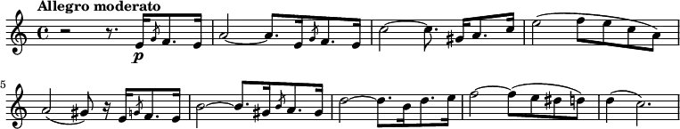 
\new Staff \with {
  midiInstrument = "violin"
}
\relative c'' {
    \version "2.18.2"
    \key a \minor
    \time 4/4
    \tempo "Allegro moderato"
    \tempo 4 = 132
    r2  r8.  e,16 \p [\slashedGrace g8 f8. e16]
    a2~ a8. [e16 \slashedGrace g8 f8. e16]
    c'2~ c8. gis16 [a8. c16]
    e2 (f8 [e8 c8 a8)]
    a2 (gis8) r16 e16 [\slashedGrace g8 f8. e16]
    b'2~ b8. [gis16 \slashedGrace b8 a8. gis16]
    d'2~ d8. [b16 d8. e16]
    f2~ f8 (e8 dis8 d8)
    d4 (c2.) 
}
