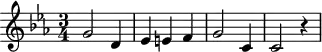 
\header {
  tagline = ##f
}
\score {
  \new Staff \with {
  }
<<
  \relative c'' {
    \key ees \major
    \time 3/4
    \tempo 4 = 80
    \override TupletBracket #'bracket-visibility = ##f 
    %\autoBeamOff
    \set Staff.midiInstrument = #"string ensemble 1"
     %%%%%%%%%%%%%%%%%%%%%%%%%% AB 3-2 th2
     g2 d4 ees e! f g2 c,4 c2 r4
  }
>>
  \layout {
    \context { \Score \remove "Metronome_mark_engraver"
    }
  }
  \midi {}
}
