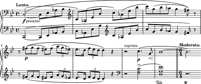 
\new PianoStaff
  <<
  \new Staff = "right" \with {
    midiInstrument = "acoustic grand"
  } \relative c {
    \key g \minor
    \time 4/4
    \tempo "Lento."
    \clef bass
    c2(\(_\markup { \dynamic f \italic pesante } ~ c8 ees aes bes
    \clef treble c) aes( ees' bes' c) aes( ees' bes'
    c) g( bes aes g4 fis8\)) r
    r fis\p(\( g fis eis) fis( \times 2/3 { a g ees) }
    ees8. d16 \times 2/3 { f8 ees d } d4\) r
    r2^\markup {\italic {espress.}} c4.\(\p g8\<
    bes1\!~
    \bar "||"
    \time 6/4
    \tempo "Moderato."
    bes2. \)
  }
  \new Staff = "left" \with {
    midiInstrument = "acoustic grand"
  } {
    \clef bass \relative c' {
      \key g \minor
      \time 4/4
      \tempo "Lento."
      c,,2\( ~ c8 ees aes bes
      c aes ees' bes' \clef treble c aes ees' bes'
      c g bes aes g4 fis8\) r
      r fis\( g fis eis fis \times 2/3 { a g ees }
      ees8. d16 \times 2/3 { f8 ees d } d4\) r
      \clef bass
      r2 <ees, g c>->(
      <d g ees'>1)\sustainOn
      \bar "||"
      \time 6/4
      \tempo "Moderato."
      r2.\sustainOff
    }
  }
>>
\midi {
  \context {
    \Score
    tempoWholesPerMinute = #(ly:make-moment 40 4)
  }
}
