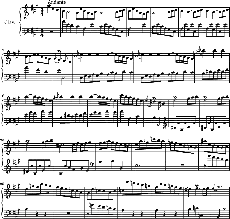 
\version "2.18.2"
\header {
  tagline = ##f
  % composer = "Domenico Scarlatti"
  % opus = "K. 300"
  % meter = "Andante"
}
%% les petites notes
trillGisp     = { \tag #'print { gis4.\prall } \tag #'midi { a32 gis a gis~ gis4 } }
trillDisp     = { \tag #'print { dis4.\prall } \tag #'midi { e32 dis e dis~ dis4 } }
trillFisbUp   = { \tag #'print { fis'2\prall } \tag #'midi { gis32 fis gis fis~ fis4. } }
trillEp       = { \tag #'print { e4.\prall } \tag #'midi { fis32 e fis e~ e4 } }
upper = \relative c'' {
  \clef treble 
  \key a \major
  \time 3/4
  \tempo 4 = 88
  \set Staff.midiInstrument = #"harpsichord"
  \override TupletBracket.bracket-visibility = ##f
      s8*0^\markup{Andante}
      a'4 e d | cis b2 | a8 e' cis a gis b | a2 \times 2/3 { b8 cis d }   \omit TupletNumber | cis e cis a gis b |
      % ms. 6
      a2 \times 2/3 { b8 cis d } | \repeat unfold 2 { cis4 b~ \times 2/3 { b8 cis d } } | \times 2/3 { cis8[ d e] } e8 cis b a | \acciaccatura a8 \trillGisp fis8 e4 |
      % ms. 11
      \repeat unfold 2 { \acciaccatura dis'8 e4 e e | e~ e16 d cis b a4 } | 
      % ms. 15
      \repeat unfold 2 { \acciaccatura ais'8 b4 b b | b~ b16 a gis fis e4 } | cis'8 b a gis fis e | \acciaccatura e8 \trillDisp cis8 b4 |
      % ms. 21
      \repeat unfold 3 { \trillFisbUp \times 2/3 { gis8 a b } } | dis,4. e16 fis \times 2/3 { e8 fis gis } | \times 2/3 { fis8[ gis a] } gis8 fis e dis |
      % ms. 26
      e8 a g c b a | g fis e d c b | ais' e d cis b cis  | d g fis b a g fis e d c b a |
      % ms. 31
      gis8 d' c b a b | c d' c b a g | fis b a g fis e | dis4 \trillEp dis16 e | \appoggiatura e8 fis2. 
}
lower = \relative c' {
  \clef bass
  \key a \major
  \time 3/4
  \set Staff.midiInstrument = #"harpsichord"
  \override TupletBracket.bracket-visibility = ##f
    % ************************************** \appoggiatura a16  \repeat unfold 2 {  } \times 2/3 { }   \omit TupletNumber 
      R2. | a'4 e d | cis a e' | cis8 e cis a gis e | a2 e'4 |
      % ms. 6
      cis8 e cis a gis e | \repeat unfold 2 { a8 e' gis, e' e, e' } | a4 fis d | e e,2 |
      % ms. 11
      \repeat unfold 2 { e8 gis fis a gis b | a cis b d cis4 } | 
      % ms. 15
      \repeat unfold 2 { b8 dis cis e dis fis | e gis fis a gis4 } | a a, cis b b,2 |   \clef treble 
      % ms. 21
      \repeat unfold 3 { dis'8 b' b, b' e, b' } | b, b' a fis gis e |   \clef bass a,4 b b, |
      % ms. 26
      e2. | R2. | r8 gis'8 fis e d cis | b4 r4 r4 | R2.
      % ms. 31
      r8 f'8 e d c b | \repeat unfold 2 { a4 r4 r4 } | b4 c c, b b'2
}
thePianoStaff = \new PianoStaff <<
    \set PianoStaff.instrumentName = #"Clav."
    \new Staff = "upper" \upper
    \new Staff = "lower" \lower
  >>
\score {
  \keepWithTag #'print \thePianoStaff
  \layout {
      #(layout-set-staff-size 17)
    \context {
      \Score
     \override SpacingSpanner.common-shortest-duration = #(ly:make-moment 1/2)
      \remove "Metronome_mark_engraver"
    }
  }
}
\score {
  \keepWithTag #'midi \thePianoStaff
  \midi { }
}
