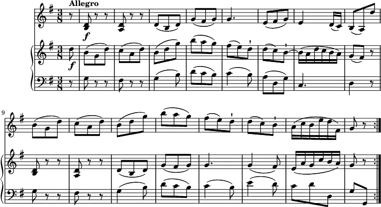 
\version "2.18.2"
\header {
  tagline = ##f
}
upper = \relative c'' {
  \key g \major
  \time 3/8
  \tempo 4 = 100
  \partial 8 d8\f  b (g d')  c (a d) b (d g) b (a g) fis (e) d-! d (c) b-! ~  b16 (a d c b a)
  g8 (fis) r <b, d> r r <a d> r r d (b d) g (fis g) g4. g4 (fis8)
  e16 (a g c b a) g8 r \bar ":|."
}
lower =      \relative c {
  \clef bass 
  \key g \major
  \time 3/8
  \partial 8  r8 g' r r fis r r g4 (b8) d (c b) c4 (b8) a (d, g) c,4.
  d4 r8 g r r fis r r g4 (b8) d (c b) c4 (b8) e4 (d8) 
  c d d, g [g,]  \bar ":|."
}
vl = \relative c'' {
  \key g \major
  \time 3/8
  \partial 8 r8 ^ \markup {\bold {"Allegro"} } <b, d>\f  r r
  <a d> r r d (b d) g (fis g) g4. e8 (fis g) e4 d16 (c)
  b8 (a) d' b (g d') c (a d) b (d g) b (a g) fis (e) d-! d (c) b-!
  a16 (c b e d fis,) g8 r \bar ":|."
}
\score {
  \new GrandStaff <<
    \new PianoStaff <<  
      \new Staff = "upper" \upper
      \new Staff = "lower" \lower
    >>
    \new Staff = "vl" \vl
  >>
  \layout {
    \context {
      \Score
      \remove "Metronome_mark_engraver"
    }
  }
  \midi { }
}
