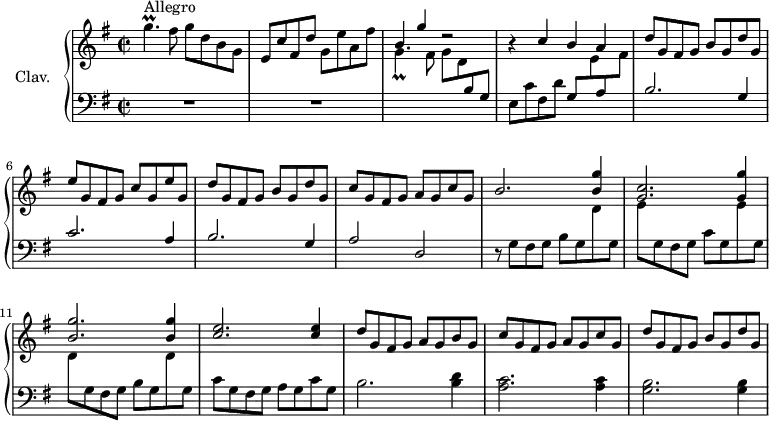 
\version "2.18.2"
\header {
  tagline = ##f
  % composer = "Domenico Scarlatti"
  % opus = "K. 314"
  % meter = "Allegro"
}
%% les petites notes
trillGpUp        = { \tag #'print { g'4.\prall } \tag #'midi { a32 g a g~ g4 } }
trillGpUpPrallD  = { \tag #'print { g'4._\prall } \tag #'midi { a32 g a g~ g4 } }
upper = \relative c'' {
  \clef treble 
  \key g \major
  \time 2/2
  \tempo 2 = 82
  \set Staff.midiInstrument = #"harpsichord"
  \override TupletBracket.bracket-visibility = ##f
      s8*0^\markup{Allegro}
      \trillGpUp fis8 g8 d b g | e c' fis, d' g, e' a, fis' | \stemUp b,4 g' r2 |
      % ms. 4
      r4 c,4 b a | d8 g, fis g b g d' g, | e' g, fis g c g e' g, | d'8 g, fis g b g d' g, |
      % ms. 8
      c8 g fis g a g c g | b2. < b g' >4 | < c g >2. < g g' >4 | < b g' >2. q4 |
      % ms. 12
      < c e >2. q4 | d8 g, fis g a g b g | c g fis g a g c g | d' g, fis g b g d' g, |
      % ms. 16
}
lower = \relative c' {
  \clef bass
  \key g \major
  \time 2/2
  \set Staff.midiInstrument = #"harpsichord"
  \override TupletBracket.bracket-visibility = ##f
    % ************************************** \appoggiatura a16  \repeat unfold 2 {  } \times 2/3 { }   \omit TupletNumber 
      R1*2 | \stemDown \change Staff = "upper"  \trillGpUpPrallD fis8 g8 d \stemUp \change Staff = "lower"  b g |  \stemNeutral
      % ms. 4
      e8 c' fis, d' g, \stemDown \change Staff = "upper" e' \stemUp \change Staff = "lower" a, \stemDown \change Staff = "upper" fis' | \stemUp \change Staff = "lower" b,2. g4 | c2. a4 | b2. g4 |
      % ms. 8
      a2 d, | r8  \stemNeutral g fis g b g \stemDown \change Staff = "upper" d' \change Staff = "lower" g, | \stemDown \change Staff = "upper" e' \change Staff = "lower" g, fis g c g \change Staff = "upper" e' \change Staff = "lower" g, | \change Staff = "upper" d'8 \change Staff = "lower" g, fis g b g \change Staff = "upper" d' \change Staff = "lower" g, |
      % ms. 12
      c8 g fis g a g c g | b2. < b d >4 | < a c >2. q4 | < g b >2. q4 |
      % ms. 16
      % ms. x
}
thePianoStaff = \new PianoStaff <<
    \set PianoStaff.instrumentName = #"Clav."
    \new Staff = "upper" \upper
    \new Staff = "lower" \lower
  >>
\score {
  \keepWithTag #'print \thePianoStaff
  \layout {
      #(layout-set-staff-size 17)
    \context {
      \Score
     \override SpacingSpanner.common-shortest-duration = #(ly:make-moment 1/2)
      \remove "Metronome_mark_engraver"
    }
  }
}
\score {
  \keepWithTag #'midi \thePianoStaff
  \midi { }
}
