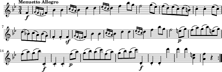 
 \version "2.18.2"
 \relative c' {
  \key bes  \major
  \time 3/4
  \tempo "Menuetto Allegro"
  \tempo 4 = 140
    \partial 4 f4 \f \grace {g16 (f e} f4) bes bes
     \grace {c16 (bes a} bes4) d d
     \grace {ees16 (d c} d4) f bes8 g
     f2 g8 (ees)
     f (d) ees (c) d (b)
     c4-. c-. ees8 (c)
     d (bes!) c (a) bes (g)
     f4-. f-. f \sf
     \grace {g16 (f e} f4) bes bes
     \grace {c16 (bes a} bes4) d d
     \grace {ees16 (d c} d4) f bes8 g
     f2 e8 \p (g)
     f (a) g (bes) e, (g)
     f (a) g (bes) c,,4-. \f
     c-. c-. f'8 \p (a) 
     g (bes) a (c) f, (a)
     g (bes) a (c) d,,4-. \f
     d-. d-. d'' d d 
     <bes, e> <a f'> r \bar ":|."     
}
