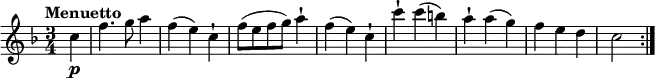 
\relative c' {
     \version "2.18.2"
     \key f  \major
     \tempo "Menuetto"
     \time 3/4
   \partial 4  c'4 \p 
    f4. g8 a4
    f (e) c-!
    f8 (e f g) a4-!
    f (e) c-!
    c'-! c (b)
    a-! a (g)
    f e d
    c2  \bar ":|."
  } 
