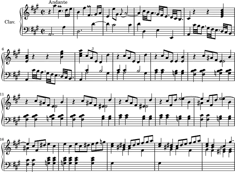 
\version "2.18.2"
\header {
  tagline = ##f
  % composer = "Domenico Scarlatti"
  % opus = "K. 219"
  % meter = "Andante"
}
%% les petites notes
trillCispDown     = { \tag #'print { cis,4.\prall } \tag #'midi { d32 cis d cis~ cis4 } }
trillFispDown     = { \tag #'print { fis,4.\prall } \tag #'midi { gis32 fis gis fis~ fis4 } }
appoGisAb         = { \tag #'print { \appoggiatura gis8 a2~ } \tag #'midi { gis8 a4.~ } }
upper = \relative c'' {
  \clef treble 
  \key a \major
  \time 2/2
  \tempo 2 = 52
  \set Staff.midiInstrument = #"harpsichord"
  \override TupletBracket.bracket-visibility = ##f
      s8*0^\markup{Andante}
      r4 a'4 \trillCispDown d16 e  | b4 fis' \trillFispDown gis16 a | e4 e'8 gis, \appoGisAb | a4 cis32 b a8. gis32 fis e8. d32 cis b8. |
      % ms. 5
      cis4 r4 r4 < e gis b d >4 | < e a cis > r4 r4 | < b' e gis > < cis e a > \repeat unfold 2 { \times 2/3 { cis8 a e } d4 d' | r4   \omit TupletNumber }   \omit TupletNumber
      % ms. 9 suite
      \times 2/3 { cis8 a e } e4 < e b' > | \repeat unfold 2 { << { b'4\rest   \omit TupletNumber \times 2/3 { cis8 ais fis } e4 b' } \\ { s2 e,2 } >> } | << { b'4\rest   \omit TupletNumber \times 2/3 { cis8 ais fis } eis4 d' } \\ { s2 eis,2 } >>
      % ms. 13
      << { b'4\rest   \omit TupletNumber \times 2/3 { cis8 a fis } eis4 d' } \\ { s2 eis,2 } >> | r4 \repeat unfold 2 { << {   \omit TupletNumber \times 2/3 { cis'8 fis, d' } e2~ | e4 } \\ { s4 e4 b | ais } >> } \times 2/3 { cis8 fis, dis' } \repeat unfold 2 { e4 cis } |
      % ms. 21 suite
      \times 2/3 { e8 cis dis } \times 2/3 { e8[ fis g] } | \repeat unfold 2 { < cis, e >4 \stemUp < bis dis >  \times 2/3 { cis8 dis e } \times 2/3 { fis8[ gis a] } } | < cis, e >4 < b d > << { cis4 gis'~ \hideNotes gis16*0 } \\ { \shiftOn b,2 } >> % A poursuivre jusqu'à mesure 26 environ
}
lower = \relative c' {
  \clef bass
  \key a \major
  \time 2/2
  \set Staff.midiInstrument = #"harpsichord"
  \override TupletBracket.bracket-visibility = ##f
    % ************************************** \appoggiatura a8  \repeat unfold 2 {  } \times 2/3 { }   \omit TupletNumber 
      a,2. a'4 | d,2.  d'4~ |  d cis2  cis4 | d d, e e, |
      % ms. 5
      \repeat unfold 2 { a4 cis'32 b a8. gis32 fis e8. d32 cis b8. } | a4 << { cis'4 b2 | cis4 cis b2 } \\ { a2 gis4 | a a2 gis4 } >>
      % ms. 9
      < a cis>4 q < g b >4 q | \repeat unfold 2 { < fis b cis >4 q < g b cis > q } | < fis b cis >4 q < gis b > q |
      % ms. 13
      < a cis >4 q < gis b > q | < a cis > q \repeat unfold 2 { < g b > q | < fis cis' > q } < g cis e >4 q |
      % ms. 17
      q q q q | \repeat unfold 2 { gis4  \stemDown \change Staff = "upper"  gis' a fis  \change Staff = "lower" } | \stemDown \change Staff = "upper" gis4 fis < eis gis >4 q
}
thePianoStaff = \new PianoStaff <<
    \set PianoStaff.instrumentName = #"Clav."
    \new Staff = "upper" \upper
    \new Staff = "lower" \lower
  >>
\score {
  \keepWithTag #'print \thePianoStaff
  \layout {
      #(layout-set-staff-size 17)
    \context {
      \Score
     \override SpacingSpanner.common-shortest-duration = #(ly:make-moment 1/2)
      \remove "Metronome_mark_engraver"
    }
  }
}
\score {
  \keepWithTag #'midi \thePianoStaff
  \midi { }
}
