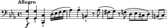 
 \relative c'{
  \clef "bass"
  \key c \minor
  \time 4/4
  \tempo "Allegro"
  <g g,>4-!\f <g g,>-! <c, c,>-! d16( ees f g |
  aes4) aes-! b,-! r8 aes'8 
  (fis8 g) r8 f8 (d ees cis d) |
  b8[( c])
 }
