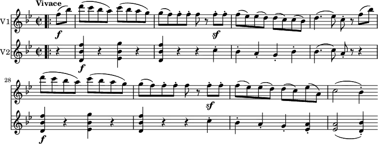 
 \version "2.18.2"
<<
  \new Staff \with { instrumentName = #"V1"}
\relative c'' {
  \key bes \major
  \time 2/2
  \tempo "Vivace"
  \tempo 4 = 200
  \set Score.currentBarNumber = #24
 \bar ".|:"
 \partial 4 f8 \f (bes) d (c bes a) c (bes a g)
  g (f) f-. f-. f r f-.\sf f-.
  f (ees) ees (d) d (c) c (bes)
  d4. (ees8) c-. r f (bes) d (c bes a) c (bes a g)
  g (f) f-. f-. f r f-.\sf f-.
  f (ees) ees (d) d (c) ees (a,)
  c2 (bes4-.)
}
\new Staff \with { instrumentName = #"V2"}
\relative c' {
  \key bes \major
  \time 2/2
   \bar ".|:"
   \partial 4 r4
   <d bes' f'>4\f r <ees bes' g'> r
   <d bes' f'> r r c'-.
   bes-. a-. g-. bes-.
   bes4. (c8) a-. r r4
  <d, bes' f'>4\f r <ees bes' g'> r
   <d bes' f'> r r c'-. 
   bes-. a-. g-. <ees a>-.
   <ees a>2 (<d bes'>4-.)
}
>>
