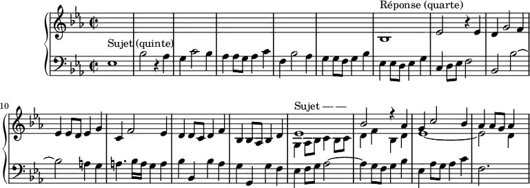 
\version "2.14.2"
\header {
  tagline = ##f
}
upper = \relative c' {
  \clef treble 
  \key ees \major
  \time 2/2
  \tempo 2 = 78
  \set Staff.midiInstrument = #"harpsichord"
    s1*6
    bes1^\markup{Réponse (quarte)  } ees2 r4 ees4 | d g2 f4 ees ees8 d ees4 g | c, f2 ees4 d d8 c d4 f bes, bes8 aes bes4 d
    << { ees1^\markup{Sujet — — } bes'2 r4 aes4 g c2 bes4 aes aes8 g aes4 } \\ { g,4 aes8 bes c4 bes8 c d4 f bes, d ees1~ ees2 d4 s4 } >>
}
lower = \relative c {
  \clef bass
  \key ees \major
  \time 2/2
  \set Staff.midiInstrument = #"harpsichord"
    ees1^\markup{Sujet (quinte) } bes'2 r4 aes g c2 bes4 aes aes8 g aes4 c f, bes2 aes4 g g8 f g4 bes
    ees,4 ees8 d ees4 g 
    c,4 d8 ees f2 bes, bes'~ bes a!4 g a4. bes16 a g4 a bes bes, bes' aes g g, g' f 
    ees f8 g aes2~ aes4 g8 f g4 bes ees, aes8 g aes4 c f,2. s4
}
\score {
  \new PianoStaff <<
    % \set PianoStaff.instrumentName = #""
    \new Staff = "upper" \upper
    \new Staff = "lower" \lower
  >>
  \layout {
    \context {
      \Score
      \override SpacingSpanner.common-shortest-duration = #(ly:make-moment 1/2) % marche pas !
      \remove "Metronome_mark_engraver"
    }
  }
  \midi { }
}
