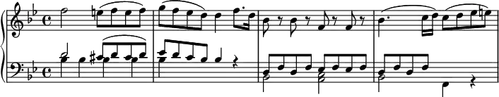 
\version "2.18.2"
\header {
  tagline = ##f
}
upper = \relative c'' {
  \clef treble 
  \key bes \major
  \time 4/4
  \tempo 4 = 65
  %\override TupletBracket.bracket-visibility = ##f
   %%Mozart — Concerto 20 mvt 2, th. 1
   f2 e8( f e f) g( f ees d) d4 f8. d16 bes8 r8 bes8 r8 f8 r8 f r8 bes4.( c16 d) c8( d ees e)
}
lower = \relative c {
  \clef bass
  \key bes \major
  \time 4/4
   << { d'2 cis8( d cis d) ees d c bes bes4 r4 } \\ { bes4 bes bes bes bes } >>
   << { d,8 f d f ees f ees f d f d f } \\ { bes,2 < c a >2 bes f4 r4 } >>
}
\score {
  \new PianoStaff <<
    \new Staff = "upper" \upper
    \new Staff = "lower" \lower
  >>
  \layout {
    \context {
      \Score
      \remove "Metronome_mark_engraver"
    }
  }
  \midi { }
}
