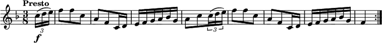 
\relative c'' {
   \version "2.18.2"
    \key f \major
    \time 3/8
    \tempo "Presto"
    \tempo 4 = 130
  \partial 8 \tuplet 3/2 { c16 \f (d e )} f8 f c a f c16 d
  e f g a bes g
  a8 c \tuplet 3/2 { c16 (d e )} f8 f c a f c16 d
  e f g a bes g
  f4 \bar ":|."
  }
