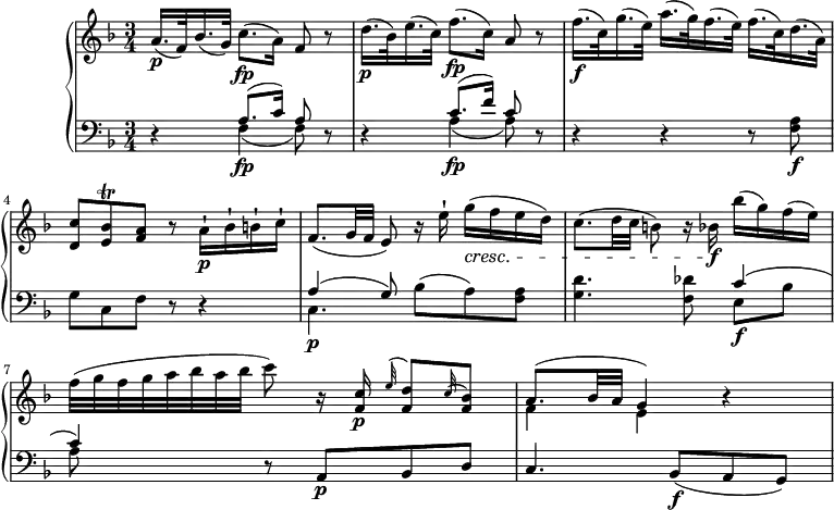 
\version "2.18.2"
\header {
  tagline = ##f
}
upper = \relative c'' {
         \clef "treble" 
         \tempo "Andante un poco afagio"
         \key f \major
         \time 3/4 
         \tempo 4 = 50
       a16.\p (f32) bes16. (g32) c8.\fp (a16) f8 r
       d'16.\p (bes32) e16. (c32) f8.\fp (c16) a8 r
       f'16.\f (c32)  g'16. (e32)  a16. (g32)  f16. (e32) f16. (c32) d16. (a32)
       <d, c'>8 <e bes'>\trill <f a> r a16-!\p bes-! b-! c-!
       f,8. (g32 f e8) r16 e'-! g\cresc (f e d)
       c8. (d32 c b8) r16 bes!\f bes' (g) f (e)
       f32 (g f g a bes a bes c8) r16 <f,, c'> \p  \grace e'32 ^(<f, d'>8) \grace c'32 ^(<f, bes>8)
       <<{a8. (bes32 a g4) } \\ {f e}>> r4
}
lower =\relative c' {      
         \clef "bass" 
         \key f \major
         \time 3/4 
\set Staff.midiMinimumVolume = #0.2 
\set Staff.midiMaximumVolume = #0.4
        r4 <<{a8. (c16) a8} \\ {f4\fp (f8)}>> r8
        r4 <<{c'8. (f16) c8} \\ {a4\fp (a8)}>> r8
        r4 r r8 <f a>\f
        g c, f r r4
        <<{a4 (g8)} \\ {c,4.\p}>> bes'8 (a) <f a>
        <g d'>4. <f des'>8 <<{c'4 (c) } \\ {e,8\f bes' a}>> 
         r8 a,\p bes d
         c4. bes8\f (a g)
} 
\score {
  \new PianoStaff <<
    \new Staff = "upper" \upper
    \new Staff = "lower" \lower
  >>
  \layout {
    \context {
      \Score
      \remove "Metronome_mark_engraver"
    }
  }
  \midi { }
}
