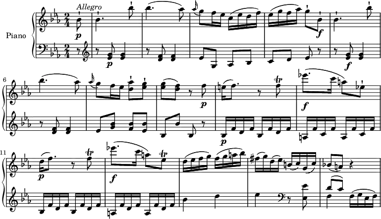 
\version  "2.18.2"
\header {
  tagline = ##f
}
upper = \relative c' {
  \clef treble
  \key ees \major
  \time 2/4
  \tempo "Allegro"
  \tempo 4 = 120
  %\autoBeamOff
    \partial 8 bes'8-! \p ^\markup{ \italic {Allegro } } 
    bes4.-! bes'8-!
    bes4. (aes8)
   \grace aes16 (g8) f16 ees c (ees d f)
    ees (g f aes) g8-! bes,-! \f bes4.-! bes'8-!
    bes4. (aes8)
    \grace aes16 (g8) f16 ees <d aes'>8-! <ees g>-!
    <ees g> (<d f>) r f\p
    e16 (f8.) r8 f  \trill
    ees'!8.\f (c16 a8) ees!-!
    d16  \p (f8.) r8 f  \trill
    ees'!8. \f (c16 a8) ees  \trill
    d16 (ees f g) f (g a bes)
    fis (g) d (ees) b (c) g (c)
    bes!8 (a) r4
}
lower = \relative c' {
  \clef bass
  \key ees \major
  \time 2/4
  \partial 8 r8
  \clef treble
   r <ees g>8 \p <ees g>4
  r8 <d f>8 <d f>4
  ees8 g, aes bes
  c d ees r
  r <ees g>8 \f <ees g>4
  r8 <d f>8 <d f>4
  ees8 <g bes> <f bes> <ees bes'>
  bes bes' bes, r
  bes16 \p f' d f bes, f' d f
  \repeat unfold 2 {a, f' c f}
  \repeat unfold 2 {bes, f' d f}
  \repeat unfold 2 {a, f' d f}
  bes4 d ees \clef bass r8 <ees,, ees'>8
  <<{\stemDown f4} \\ {\stemUp d'8 ^(c)}>>
  f,16 (g ees f)
}
\score {
  \new PianoStaff <<
    \set PianoStaff.instrumentName = #"Piano"
    \new Staff = "upper" \upper
    \new Staff = "lower" \lower
  >>
  \layout {
    \context {
      \Score
      \remove "Metronome_mark_engraver"
    }
  }
  \midi { }
}
