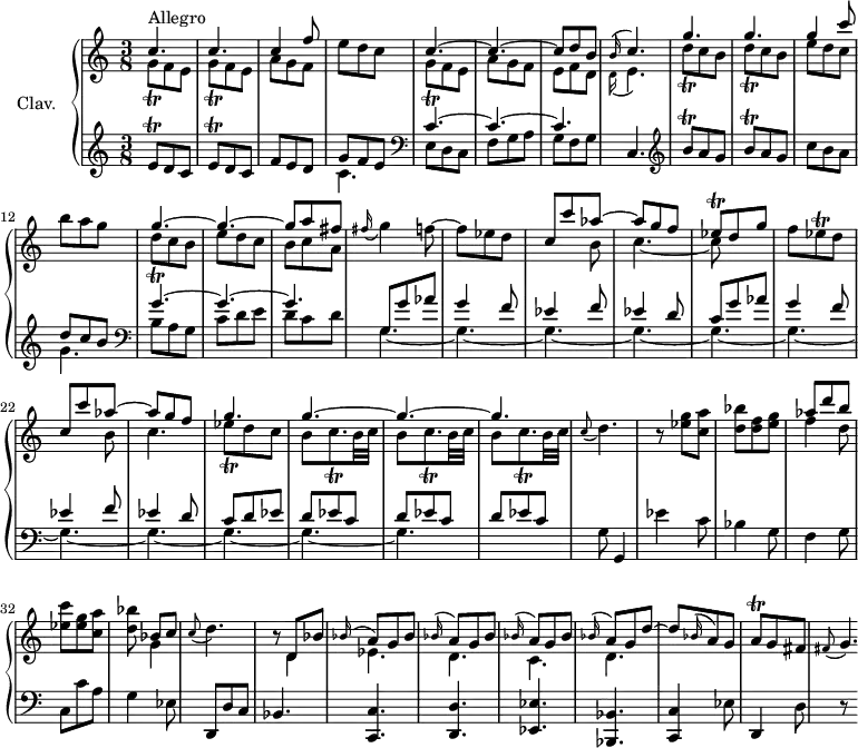 
\version "2.18.2"
\header {
  tagline = ##f
  % composer = "Domenico Scarlatti"
  % opus = "K. 133"
  % meter = "Allegro"
}
%% les petites notes
trillGq       = { \tag #'print { g8\trill } \tag #'midi { a32 g a g } }
trillGqDown   = { \tag #'print { g,8\trill } \tag #'midi { a32 g a g } }
trillDqDown   = { \tag #'print { d,8\trill } \tag #'midi { e32 d e d } }
trillDq       = { \tag #'print { d8\trill } \tag #'midi { e32 d e d } }
trillEesq     = { \tag #'print { ees8\trill } \tag #'midi { f32 ees f ees } }
trillCqp      = { \tag #'print { c8.\trill } \tag #'midi { d32 c d c~ c16 } }
appoDp        = { \tag #'print { \appoggiatura c8 d4. } \tag #'midi { c8   \tempo 4. = 60 d4   \tempo 4. = 94 } }
appG          = { \tag #'print { \appoggiatura fis'16 g4 } \tag #'midi { fis8   \tempo 4. = 50 g8   \tempo 4. = 94 } }
appoEp        = { \tag #'print { \appoggiatura d16 e4. } \tag #'midi { d8   \tempo 4. = 70 e4   \tempo 4. = 94 } }
appoCp        = { \tag #'print { \appoggiatura b16 c4. } \tag #'midi { b8   \tempo 4. = 70 c4   \tempo 4. = 94 } }
trillBqUpUp   = { \tag #'print { b''8\trill } \tag #'midi { c32 b c b } }
trillEq       = { \tag #'print { e8\trill } \tag #'midi { f32 e f e } }
trillAq       = { \tag #'print { a8\trill } \tag #'midi { bes32 a bes a } }
upper = \relative c'' {
  \clef treble 
  \key c \major
  \time 3/8
  \tempo 4. = 94
  \set Staff.midiInstrument = #"harpsichord"
  \override TupletBracket.bracket-visibility = ##f
      s8*0^\markup{Allegro}
      << { c4. c c4 f8 } 
      \\ { \repeat unfold 2 { \trillGqDown f e } a8 g f } >> | e'8 d   \tempo 4. = 70 c |   \tempo 4. = 94 << { c4.~ c~ c8 d b | \appoCp  } \\ { \trillGq f8 e | a g f | e f d | \appoEp } >>
      % ms. 9
      << { g'4. g g4 c8 } 
      \\ { \repeat unfold 2 { \trillDqDown c8 b } e8 d c } >> | b'8 a   \tempo 4. = 70 g   \tempo 4. = 94 | 
      << { g4.~ g~ g8 a fis } 
      \\ { \trillDq c8 b | e8 d c | b c a } >> 
      % ms. 16
      \appG f8~ | f ees d | << { c8 c' aes~ | aes g f | \trillEesq d8 g } \\ { s4 b,8 | c4.~ | c8 } >>
      % ms. 21
      f8 \trillEesq d8 | << { c8 c' aes~ | aes g f | g4. | g4.~ g~ g } \\ { s4 b,8 | c4.~ | \trillEesq d8 c | \repeat unfold 3 { b8 \trillCqp b32 c } } >>
      % ms. 28
      \appoDp | r8 < ees g >8 < c a' > | < d bes' > < d f > < e g > | << { aes8 d b } \\ { f4 d8 } >> | < ees c' >8 < ees g > < c a' > | < d bes' > << { bes8 c } \\ { g4 } >> | \appoDp |
      % ms. 35
      r8  
      << { d,8 bes' | \repeat unfold 3 { \appoggiatura bes16 a8 g bes } | \appoggiatura bes16 a8 g d'~ | d8 \appoggiatura bes16 a8 g | \trillAq g fis } 
      \\ { d4 | ees4. d c d } >> |
      % ms. 42
      \appoggiatura fis8 g4.*1/4 |
}
lower = \relative c' {
  \clef bass
  \key c \major
  \time 3/8
  \set Staff.midiInstrument = #"harpsichord"
  \override TupletBracket.bracket-visibility = ##f
    % ************************************** \appoggiatura a8  \repeat unfold 2 {  } \times 2/3 { }   \omit TupletNumber 
        \clef treble \repeat unfold 2 { \trillEq d8 c } | f e d | << { g8 f e } \\ { c4. } >> |   \clef bass << { c4.~ c~ c } \\ { e,8 d c | f g a | g f g } >>
      % ms. 8
      c,4. \clef treble \repeat unfold 2 { \trillBqUpUp a8 g } | c8 b a | << { d8 c b } \\ { g4. } >> | \clef bass << { g4.~ g~ g } \\ { b,8 a g | c d e | d c d } >>
      % ms. 16
      << { \mergeDifferentlyDottedOn g,8 \repeat unfold 2 { g'8 aes | g4 f8 | ees4 f8 | ees4 d8 | c } d8 ees | \repeat unfold 3 { d ees c } } 
      \\ { \repeat unfold 11 { g4.~ }  } >> 
      % ms. 21
      g8 g,4 | ees''4 c8 | bes4 g8 | f4 g8 | c,8 c' a | g4 ees8 | d,8 d' c |
      % ms. 35
      bes4. | < c, c' >4. < d d' > < ees ees' > < bes bes' > < c c' >4 ees'8 | d,4 d'8 | 
      % ms. 42
      r8
}
thePianoStaff = \new PianoStaff <<
    \set PianoStaff.instrumentName = #"Clav."
    \new Staff = "upper" \upper
    \new Staff = "lower" \lower
  >>
\score {
  \keepWithTag #'print \thePianoStaff
  \layout {
      #(layout-set-staff-size 17)
    \context {
      \Score
     \override SpacingSpanner.common-shortest-duration = #(ly:make-moment 1/2)
      \remove "Metronome_mark_engraver"
    }
  }
}
\score {
  \keepWithTag #'midi \thePianoStaff
  \midi { }
}
