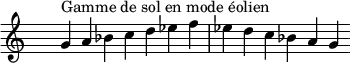 
\relative c'' { 
  \clef treble \time 7/4 \hide Staff.TimeSignature g4^\markup { Gamme de sol en mode éolien } a bes c d ees f ees d c bes a g
}
