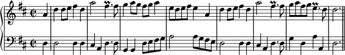 
\version "2.14.2"
\header {
  tagline = ##f
}
upper = \relative c'' {
  \set Staff.midiInstrument = "trumpet"
  \clef treble 
  \key d \major
  \time 2/2
  \tempo 2 = 65
\partial 4 a4 d d8 e fis4 d a'2 fis4.\prall fis8 g4 a8 g fis g a4 e8 d e fis e4
a, d d8 e fis4 d a'2 fis4.\prall fis8 g a fis g e4.\prall d8 d2. \bar "||"
}
lower = \relative c {
  \set Staff.midiInstrument = "church organ"
  \clef bass
  \key d \major
\partial 4 d4 d2 d4 d cis a d4. d8 g,4 g d'8 e fis g a2 a8 g fis e  
d2 d4 d cis a d4. d8 g4 d a' a, d2.
}
\score {
  \new PianoStaff <<
    \new Staff = "upper" \upper
    \new Staff = "lower" \lower
  >>
  \layout {
    \context {
      \Score
      \remove "Metronome_mark_engraver"
    }
  }
  \midi { }
}
