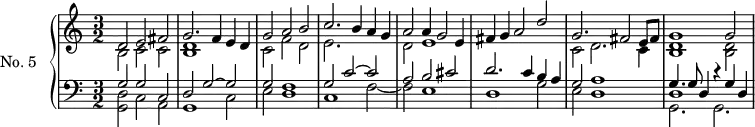 
\version "2.14.2"
\header {
  tagline = ##f
}
upper = \relative c' {
  \clef treble 
  \key a \minor
  \time 3/2
  \tempo 2 = 100
  \autoBeamOff
  \set Staff.midiInstrument = #"harpsichord"
    << { d2 e fis g2. f4 e d g2 a b c2. b4 a g a2 a4 g2 e4 fis4 g a2 d } \\ { b,2 c c < d b >1 s2 c2 f d e2. s2. d2 e1 } >>
    << { g2. fis2 e8 fis g1 g2 } \\ { c,2 d2. c4 < d b >1 < d b >2 } >>
}
lower = \relative c {
  \clef bass
  \key a \minor
  \time 3/2
  \set Staff.midiInstrument = #"harpsichord"
    << { g'2 g c, d g2~ g g f1 g2 c2~ c a b cis d2. c4 b a g2 a1 } \\ { < d, g, >2 c a g1 c2 e d1 c f2~ f e1 d g2 e d1 } >>
    << { g4. g8 d4 r4 g4 d } \\ { g,2. g2. } \\ { d'1 } >>
}
\score {
  \new PianoStaff <<
    \set PianoStaff.instrumentName = #"No. 5"
    \new Staff = "upper" \upper
    \new Staff = "lower" \lower
  >>
  \layout {
    \context {
      \Score
      \remove "Metronome_mark_engraver"
    }
  }
  \midi { }
}
