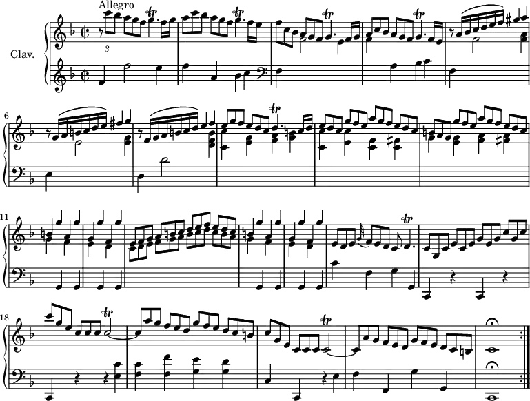 
\version "2.18.2"
\header {
  tagline = ##f
  % composer = "Domenico Scarlatti"
  % opus = "K. 106"
  % meter = "Allegro"
}
%% les petites notes
trillGp      = { \tag #'print { g4.\trill } \tag #'midi { a32 g a g~ g4 } }
trillDp      = { \tag #'print { d4.\trill } \tag #'midi { e32 d e d~ d4 } }
trillCb      = { \tag #'print { c2\trill~ } \tag #'midi { d32 c d c~ c8~ c4~ } }
upper = \relative c'' {
  \clef treble 
  \key f \major
  \time 2/2
  \tempo 2 = 62
  \set Staff.midiInstrument = #"harpsichord"
  \override TupletBracket.bracket-visibility = ##f
  \repeat volta 2 {
      s8*0^\markup{Allegro}
      \times 2/3 { r8 c'8 bes }  \omit TupletNumber \times 2/3 { a[ g f] } | \trillGp  f16 g | \times 2/3 { a8 c bes } \times 2/3 { a[ g f] } \trillGp f16 e  | \times 2/3 { f8 c bes } \times 2/3 { a[ g f] } \trillGp  f16 g \stemUp |
      % ms. 4
      \times 2/3 { a8 c bes } \times 2/3 { a[ g f] } \trillGp f16 e  | r8 a16[^( bes c d e f]) gis4 a | r8 g,16[^( a b c d e]) fis4 g | 
      % ms. 7
      r8 f,16[^( g a b c d]) e4 f | \times 2/3 { e8[ g f] } \times 2/3 { e8 d c } \trillDp c16 d | \times 2/3 { e8[ d c] } \times 2/3 { g'8 f e } \times 2/3 { a8[ g f] } \times 2/3 { e8 d c }
      % ms. 10
      \times 2/3 { b8[ a g] } \times 2/3 { g'8 f e } \times 2/3 { a8[ g f] } \times 2/3 { e8 d c } | b4 g' a, g' | g, g' f, g' | \times 2/3 { e,8[ f g] } \times 2/3 { a8 b c } \times 2/3 { d8[ e f] } \times 2/3 { e8 d c }
      % ms. 14
      b4 g' a, g' | g, g' f, g' | \times 2/3 { e,8[ d e] } \appoggiatura g32 \times 2/3 { f8[ e d] } c8 \trillDp | \times 2/3 { c8[ g c] } \times 2/3 { e8 c e } \times 2/3 { g8[ e g] } \times 2/3 { c8 g c }
      % ms. 18
      \times 2/3 { c'8[ g e] } \times 2/3 { c8 c c } \trillCb | \times 2/3 { c8[ a' g] } \times 2/3 { f8 e d } \times 2/3 { g8[ f e] } \times 2/3 { d8 c b } \times 2/3 { c8[ g e] } \times 2/3 { c8 c c } \trillCb |
      % ms. 21
      \times 2/3 { c8[ a' g] } \times 2/3 { f8 e d } \times 2/3 { g8[ f e] } \times 2/3 { d8 c b } | c1\fermata }%reprise
}
lower = \relative c' {
  \clef bass
  \key f \major
  \time 2/2
  \set Staff.midiInstrument = #"harpsichord"
  \override TupletBracket.bracket-visibility = ##f
  \omit TupletNumber 
  \repeat volta 2 {
    % ************************************** \appoggiatura a16  \repeat unfold 2 {  } \times 2/3 { }   \omit TupletNumber 
        \clef treble f4 f'2 e4 | f a, bes c |   \clef bass f,, \stemDown \change Staff = "upper" f'2 e4 |
      % ms. 4
      f4 \stemNeutral \change Staff = "lower"  a, bes c | f, \stemDown \change Staff = "upper" f'2 < f a >4 | \stemNeutral \change Staff = "lower" e,  \stemDown \change Staff = "upper" e'2  < e g >4 \stemNeutral \change Staff = "lower" |
      % ms. 7
      d,4 d'2 \stemDown \change Staff = "upper"  < d f b >4 | < c c' > < e g > < f a > < g b > | < c, c' > < e c' > < f c > < fis c > |
      % ms. 10
      g4 < e g >4 < f a > < fis a > g4 | \stemNeutral \change Staff = "lower" g,, \stemDown \change Staff = "upper" f'' \stemNeutral \change Staff = "lower" g,, \stemDown \change Staff = "upper" e'' \stemNeutral \change Staff = "lower" g,, \stemDown \change Staff = "upper" d'' \stemNeutral \change Staff = "lower" g,, | \stemDown \change Staff = "upper"  \times 2/3 { c'8[ d e] } \times 2/3 { f8[ g a] } \times 2/3 { b8[ c d] } \times 2/3 { c8[ b a] }
      % ms. 14
      g4 \stemNeutral \change Staff = "lower" g,,4 \stemDown \change Staff = "upper" f'' \stemNeutral \change Staff = "lower" g,, \stemDown \change Staff = "upper" e'' \stemNeutral \change Staff = "lower" g,, \stemDown \change Staff = "upper" d'' \stemNeutral \change Staff = "lower" g,, | c'4 f, g g, | c, r4 c r4 | c4 r4 r4  < e' c' >4 | < f c' > < f f' > < g e' > < g d' > | c, c, r4 e'4 |
       % ms. 21
       f4 f, g' g, c,1\fermata }%reprise
}
thePianoStaff = \new PianoStaff <<
    \set PianoStaff.instrumentName = #"Clav."
    \new Staff = "upper" \upper
    \new Staff = "lower" \lower
  >>
\score {
  \keepWithTag #'print \thePianoStaff
  \layout {
      #(layout-set-staff-size 17)
    \context {
      \Score
     \override SpacingSpanner.common-shortest-duration = #(ly:make-moment 1/2)
      \remove "Metronome_mark_engraver"
    }
  }
}
\score {
  \unfoldRepeats
  \keepWithTag #'midi \thePianoStaff
  \midi { }
}
