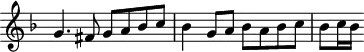 
\header {
  tagline = ##f
}
\score {
  \new Staff \with {
     \remove "Time_signature_engraver"
  }
<<
  \relative c'' {
    \key f \major
    %\clef bass
    \time 2/2
    \override TupletBracket #'bracket-visibility = ##f 
     %%% f° 51v
     g4. fis8 g a bes c bes4 g8 a bes a bes c bes[ c16 bes]
  }
>>
  \layout {
     \context { \Score \remove "Metronome_mark_engraver" }
  }
  \midi {}
}
