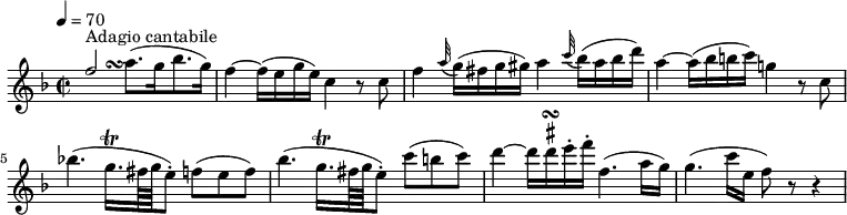 
\version "2.18.2"
\new Staff \with {midiInstrument = #"violin"} {
  \relative c''{
  \key f \major
  \time 2/2
  \tempo 4 = 70
  \tempo "Adagio cantabile"
  <<
     { f2 ^ \markup {Adagio cantabile} }
     \\  { s4. s16 ^ \turn  s16 }
   >>
  a8. (g16 bes8. g16)
  f4 ~ f16 (e g e) c4 r8 c8
  f4 \grace a32 (g16) (fis g gis) a4 \grace c32 (bes16) (a bes d)
  a4 ~ a16 (bes b c) g!4 r8 c,8
  bes'!4. (g16.\trill [fis64 g e8-.]) f! (e f)
  bes4. (g16.\trill [fis64 g e8-.]) c' (b c)
  d4 ~ d16 
  \once \override TextScript.script-priority = #-100
  d ^\markup { \sharp } \turn e-. f-. f,4. (a16 g)
  g4. (c16 e, f8) r8 r4
  }
}
  \midi {
    \context {
      \Score
    }
  } 
