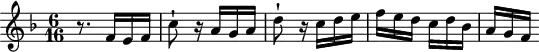 
\version "2.18.2"
\header {
  tagline = ##f
}
\score {
  \new Staff \with {
  }
<<
  \relative c' {
    \clef treble
    \key f \major
    \time 6/16
    \set Staff.midiInstrument = #"harpsichord" 
     %% SUJET fugue CBT II-11, BWV 880, fa majeur
     r8. f16 e f | c'8-! r16 a g a | d8-! r16 c d e | f e d c d bes | a g f 
  }
>>
  \layout {
     \context { \Score \remove "Metronome_mark_engraver" }
  }
  \midi {} 
}
