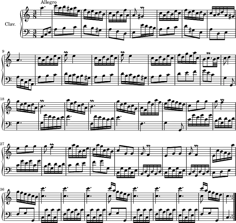 
\version "2.18.2"
\header {
  tagline = ##f
  % composer = "Domenico Scarlatti"
  % opus = "K. 341"
  % meter = "Allegro"
}
%% les petites notes
trillF      = { \tag #'print { f4\prall } \tag #'midi { g32 f g f~ f8 } }
trillFq     = { \tag #'print { f8\prall } \tag #'midi { g32 f g f } }
trillBp     = { \tag #'print { b4.\prall } \tag #'midi { c32 b c b~ b4 } }
trillCqp    = { \tag #'print { c8.\prall } \tag #'midi { d32 c d c~ c16 } }
trillGis    = { \tag #'print { gis4\prall } \tag #'midi { a32 gis a gis~ gis8 } }
upper = \relative c'' {
  \clef treble 
  \key a \minor
  \time 3/8
  \tempo 4. = 72
  \set Staff.midiInstrument = #"harpsichord"
  \repeat volta 2 {
      s8*0^\markup{Allegro}
      a'4. | c16 a b gis a e | f d e c d b | c a d a f' a, | a8 \trillGis | c16 a d b e c |
      % ms. 7
      f16 d e c d b | c a b d a gis | a4. | \repeat unfold 2 { c16 a d b e c | \trillFq e4 }
      % ms. 14
      c16 a d b e c | f d g e a c, | b8 \trillCqp b32 c |   \tempo 4. = 62 c8 d4 | g16 d e c d a | \trillBp | a'16 e f c d a |
      % ms. 21
      \trillBp | g'16 d e b c g | a f f' d a' f | e a g f e d | c8 g' g | g \trillF |
      % ms. 27
      e8 g g | g \trillF | e16 a g b, c e | d a' g c, d b | c8 g g | g \trillF |
      % ms. 33
      e8 g g | g \trillF | e16 c' b a g a' | g f e d c b |  \repeat unfold 2 { < c c' >4. | q |
      % ms. 39
      q | << { c'16[ a] } \\ { c,8 g'16[ f e d] } >> } c4. }%repet
}
lower = \relative c' {
  \clef bass
  \key a \minor
  \time 3/8
  \set Staff.midiInstrument = #"harpsichord"
  \repeat volta 2 {
    % ************************************** \appoggiatura a16  \repeat unfold 2 {  } \times 2/3 { }   \omit TupletNumber 
      a,8 c e | a b c | d b gis | a f d | e e'16 d c b | a8 b c |
      % ms. 7
      d gis, e | a d, e | a16 e c e   \tempo 4. = 32 a,8   \tempo 4. = 72 | \repeat unfold 2 { a'8 b c | d16 b c a b gis }
      % ms. 14
      a8 b c | d e f | g e c | g4   \tempo 4. = 52 g,8   \tempo 4. = 72 | g'4. | g16 g' f e d e | f4. | 
      % ms. 21
      f,16 f' e d c d | e4. | f, | g4 g,8 | \repeat unfold 2 { c'16 g' e g c, g' | b, d g, d' b d } |
      % ms. 29
      c8 d e | f g g, | \repeat unfold 2 { c,16 g' e g c, e | b d g, d' b d } |
      % ms. 35
      c8 d e | f g g, | \repeat unfold 2 { c16 c' e, c' c, c' | f, c' a c f, c' | e, c' c, c' e, c' | f,8 g g, } | c4. }%repet
}
thePianoStaff = \new PianoStaff <<
    \set PianoStaff.instrumentName = #"Clav."
    \new Staff = "upper" \upper
    \new Staff = "lower" \lower
  >>
\score {
  \keepWithTag #'print \thePianoStaff
  \layout {
      #(layout-set-staff-size 17)
    \context {
      \Score
     \override TupletBracket.bracket-visibility = ##f
     \override SpacingSpanner.common-shortest-duration = #(ly:make-moment 1/2)
      \remove "Metronome_mark_engraver"
    }
  }
}
\score {
  \unfoldRepeats 
  \keepWithTag #'midi \thePianoStaff
  \midi { }
}
