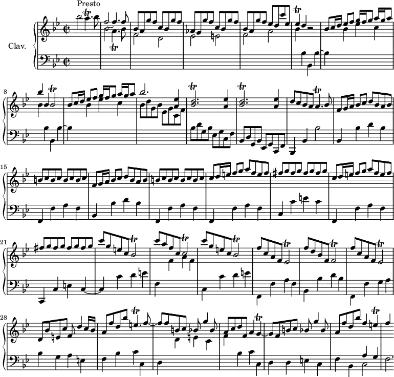 
\version "2.18.2"
\header {
  tagline = ##f
  % composer = "Domenico Scarlatti"
  % opus = "K. 16"
  % meter = "Presto"
}
%% les petites notes
trillAp      = { \tag #'print { a4.\trill } \tag #'midi { bes32 a bes a~ a4 } }
trillApB     = { \tag #'print { a4._\trill } \tag #'midi { bes32 a bes a~ a4 } }
trillEes     = { \tag #'print { ees4\trill } \tag #'midi { f32 ees f ees~ ees8 } }
trillBesb    = { \tag #'print { bes2\trill } \tag #'midi { c32 bes c bes~ bes8~ bes4 } }
trillBesDb   = { \tag #'print { < bes d >2.\trill } \tag #'midi { << { ees32 d ees d~ d8~ d2  } \\ { bes2. } >> } }
trillCb      = { \tag #'print { c2\trill } \tag #'midi { d32 c d c~ c8~ c4 } }
trillEesb    = { \tag #'print { ees2\trill } \tag #'midi { f32 ees f ees~ ees8~ ees4 } }
trillFb      = { \tag #'print { f2\trill } \tag #'midi { g32 f g f~ f8~ f4 } }
trillEpDown  = { \tag #'print { e,4.\trill } \tag #'midi { f32 e f e~ e4 } }
trillG       = { \tag #'print { g4\trill~ } \tag #'midi { a32 g a g~ g8~ } }
trillE       = { \tag #'print { e4\trill } \tag #'midi { f32 e f e~ e8 } }
upper = \relative c'' {
  \clef treble 
  \key bes \major
  \time 2/2
  \tempo 2 = 86
  \set Staff.midiInstrument = #"harpsichord"
  \override TupletBracket.bracket-visibility = ##f
      s8*0^\markup{Presto}
      bes'2 \trillAp bes8 | \stemUp f2~ f4. f8 | bes,8 a g' f c bes g' f | aes, g g' f c bes g' f | bes, a g' f ees d c' ees, |
      % ms. 6
      \trillEes d4 r2 | bes8 c16 d ees8[ f] g16 f g8 a16[ g a8] | bes4 bes, \trillBesb | bes8 c16 d ees8[ f] g16 f g8 a16[ g a8] | bes2. < a, ees' >4 |
      % ms. 11
      \repeat unfold 2 { \trillBesDb < a ees' >4 } | d8 c bes a \trillAp bes8 | \repeat unfold 2 { f8 g16 a bes8[ c] d bes a bes | \repeat unfold 4 { b c } }
      % ms. 18
      \repeat unfold 2 { c8 d16 e  f8[ g] a f e f | \repeat unfold 4 { fis g } } | c8 g e c \trillBesb | c'8 a f c \trillCb | c'8 g e c \trillBesb |
      % ms. 25
      f'8  c a f \trillEesb |  f'8 d bes f \trillFb | f'8  c a f \trillEesb | d8 bes' e, c' f,8 d'4 c16 bes | a8 f' d bes' \trillEpDown f8~ |
      % ms. 30
      f8 f b, c bes8 g'4 bes,8 | a8 c d f, a4 \trillG | g8 f b c bes8 g'4 bes,8 | a f' d bes' f4 \trillE | f4
}
lower = \relative c' {
  \clef bass
  \key bes \major
  \time 2/2
  \set Staff.midiInstrument = #"harpsichord"
  \override TupletBracket.bracket-visibility = ##f
    % ************************************** \appoggiatura a16  \repeat unfold 2 {  } \times 2/3 { }   \omit TupletNumber 
      s1 | \stemDown \change Staff = "upper"  bes'2 \trillApB bes8 | f2 d | ees e | f a |
      % ms. 6
      \repeat unfold 2 { bes4 \change Staff = "lower" bes, bes, bes'~ | bes4 \stemDown \change Staff = "upper"  bes' ees c } | bes8 d g, bes ees, g c, f \stemNeutral \change Staff = "lower" | 
      % ms. 11
      bes,8 d g, bes ees, g c, f | bes, d g, bes ees, g c, f | bes,4 bes' bes'2 | \repeat unfold 2 { bes,4 bes' d bes | f, f' a f } |
      % ms. 18
      f,4 f' a f | c c' e c |
      % ms. 20
      f,,4 f' a f | c, c' e c~ | c c' d e | f, \stemDown \change Staff = "upper" f' a f | \change Staff = "lower" c, c' d e |
      % ms. 25
      f,,4 f' a f | bes, bes' d bes | f, f' g a | bes g a e | f bes c c, |
      % ms. 30
      d4 \stemDown \change Staff = "upper" d' e c | f \change Staff = "lower" bes, c c, | d d e c | f bes, << { a'4 g } \\ { c,2 } >> | f2.*1/3
}
thePianoStaff = \new PianoStaff <<
    \set PianoStaff.instrumentName = #"Clav."
    \new Staff = "upper" \upper
    \new Staff = "lower" \lower
  >>
\score {
  \keepWithTag #'print \thePianoStaff
  \layout {
      #(layout-set-staff-size 17)
    \context {
      \Score
     \override SpacingSpanner.common-shortest-duration = #(ly:make-moment 1/2)
      \remove "Metronome_mark_engraver"
    }
  }
}
\score {
  \keepWithTag #'midi \thePianoStaff
  \midi { }
}

