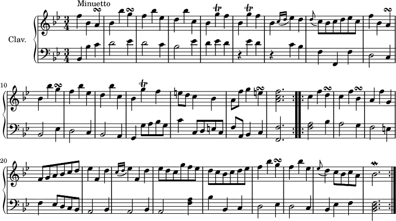 
\version "2.18.2"
\header {
  tagline = ##f
  % composer = "Domenico Scarlatti"
  % opus = "K. 42"
  % meter = "Minuetto"
}
%% les petites notes
trillGUp      = { \tag #'print { g'4\trill } \tag #'midi { a32 g a g~ g8 } }
turnA         = { \tag #'print { a4\turn } \tag #'midi { \times 2/3 { bes16 a g } a8 } }
turnG         = { \tag #'print { g4\turn } \tag #'midi { \times 2/3 { a16 g f } g8 } }
turnE         = { \tag #'print { e4\turn } \tag #'midi { \times 2/3 { f16 e d } e8 } }
turnD         = { \tag #'print { d4\turn } \tag #'midi { \times 2/3 { ees16 d c } d8 } }
turnBesDown   = { \tag #'print { bes,4\turn } \tag #'midi { \times 2/3 { c16 bes a } bes8 } }
trillBesMor   = { \tag #'print { bes2.\mordent } \tag #'midi { a4 bes32 a bes16~ bes8~ \tempo 4 = 62 bes4 } }
upper = \relative c'' {
  \clef treble 
  \key bes \major
  \time 3/4
  \tempo 4 = 112
  \set Staff.midiInstrument = #"harpsichord"
  \override TupletBracket.bracket-visibility = ##f
  \repeat volta 2 {
      s8*0^\markup{Minuetto}
      f4 bes, \turnA | bes4 bes' \turnG | f4 bes ees, | d bes' c, | \repeat unfold 2 { bes \trillGUp f4 } |
      % ms. 7
      bes,4 \grace {   \tempo 4 = 62 c16( d }   \tempo 4 = 112 ees4) d4 | \appoggiatura d8 c8 bes c d ees c | f4 bes, \turnA | bes4 bes' \turnG | 
      % ms. 11
      f4 bes ees, | d bes' c, | bes \trillGUp f4 | e8 d c4 bes | a8 f' g4 \turnE | < a, c f >2. }%reprise
      % ms. 17
  \repeat volta 2 {
      c4 f \turnD | c4 f \turnBesDown | a4 f' g, | f8 g a bes c d | ees4 f, d' | \grace {   \tempo 4 = 62 c16( d }   \tempo 4 = 112 ees4) f, d' |
      % ms. 23
      ees8 d c g' f ees | d c bes c d ees | f4 bes \turnG | f4 bes ees, | \appoggiatura ees8 d4 c8 bes c a | \trillBesMor   \tempo 4 = 112 }%reprise
}
lower = \relative c' {
  \clef bass
  \key bes \major
  \time 3/4
  \set Staff.midiInstrument = #"harpsichord"
  \override TupletBracket.bracket-visibility = ##f
  \repeat volta 2 {
    % ************************************** \appoggiatura a8  \repeat unfold 2 {  } \times 2/3 { }   \omit TupletNumber 
      bes,4 bes' c | d2 ees4 | d2 c4 | bes2 ees4 | d ees d | 
      % ms. 6
      r4 ees4 d | r4 c4 bes | f f, f' | d2 c4 | bes2 ees4
      % ms. 11
      d2 c4 | bes2 a4 | g g'8 a bes g | c4 c,8 d e c | f a, bes4 c | < f, f' >2. }%reprise
      % ms. 27
  \repeat volta 2 {
      < f' a >2 bes4 | a2 g4 | f2 e4 | f ees8 d c bes | \repeat unfold 2 { a2 bes4 } | 
      % ms. 23
      a2 < f' a >4 | bes bes, c | d2 ees4 | d2 c4 | bes ees f | < bes, d f >2. }%reprise
}
thePianoStaff = \new PianoStaff <<
    \set PianoStaff.instrumentName = #"Clav."
    \new Staff = "upper" \upper
    \new Staff = "lower" \lower
  >>
\score {
  \keepWithTag #'print \thePianoStaff
  \layout {
      #(layout-set-staff-size 17)
    \context {
      \Score
     \override SpacingSpanner.common-shortest-duration = #(ly:make-moment 1/2)
      \remove "Metronome_mark_engraver"
    }
  }
}
\score {
  \unfoldRepeats
  \keepWithTag #'midi \thePianoStaff
  \midi { }
}
